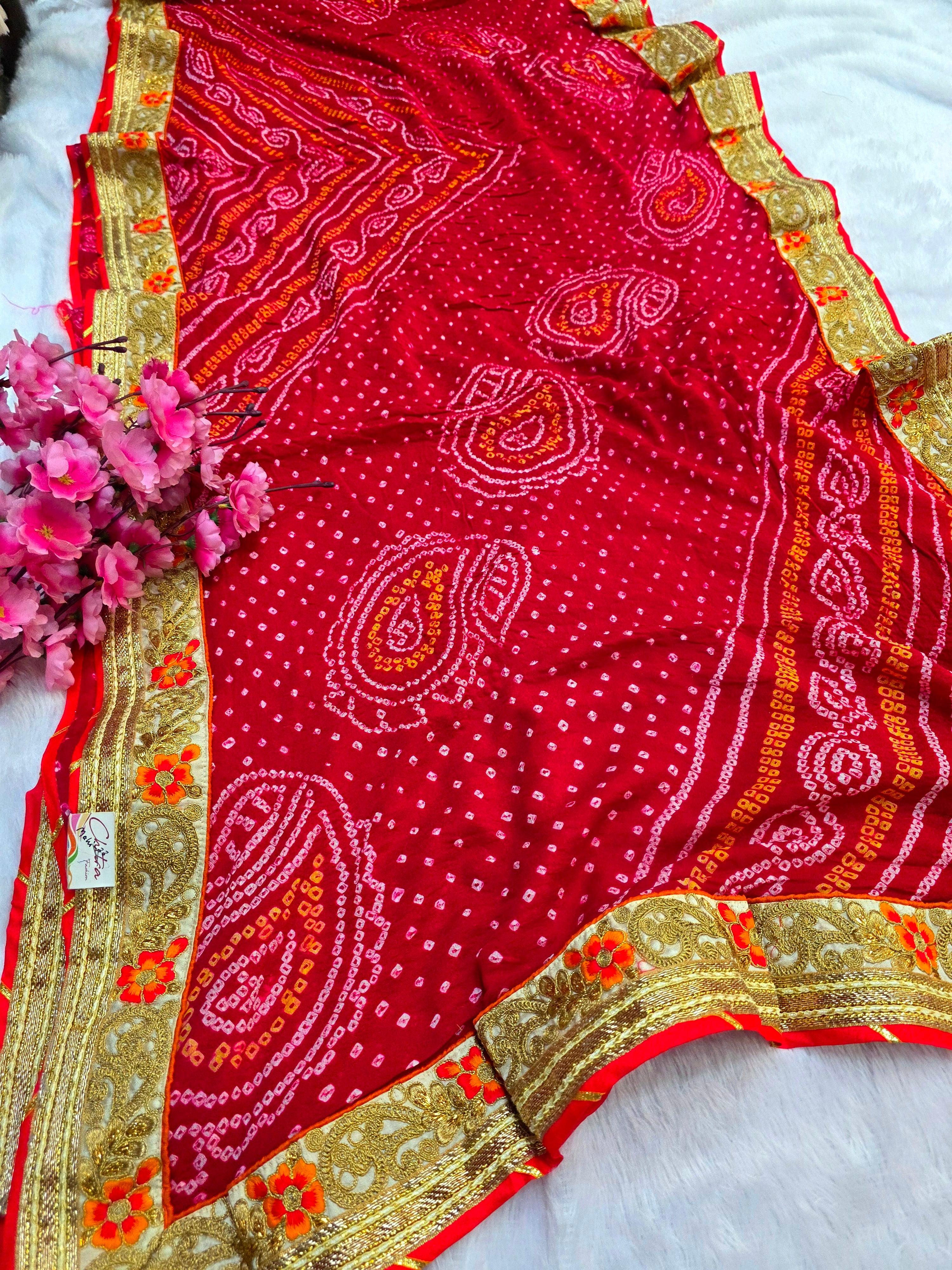 786002 Exclusive Rajasthani Pure Ojariya Hand Bandhani Saree With Zari Work Border
