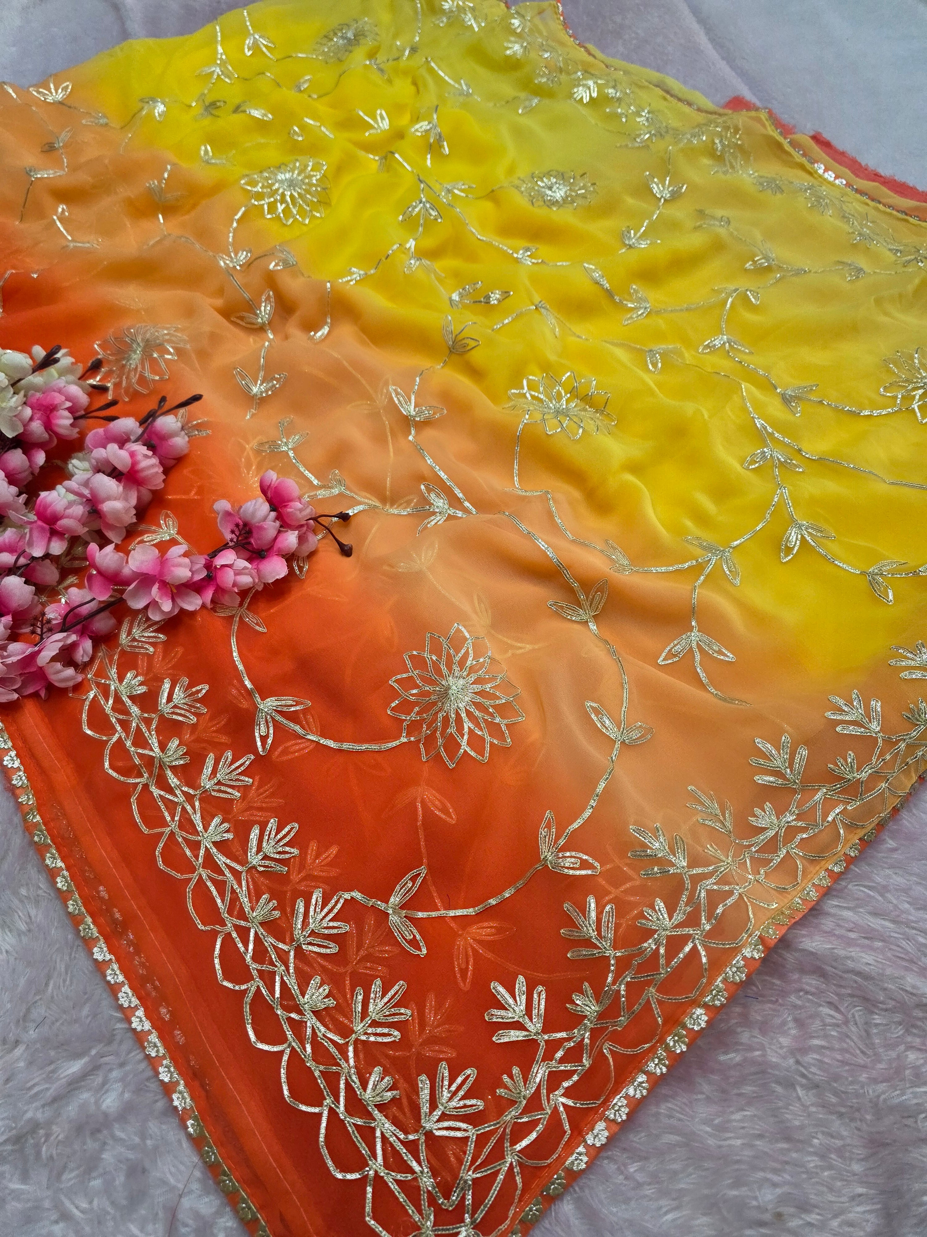 969003 Rajwadi Party Wear Royal Georgette Saree with Gotapatti Work - Yellow Orange