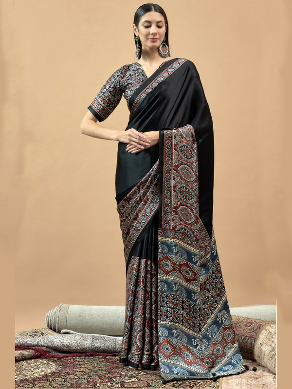 727001 Trending Ajrakh Print Semi Modal Silk Saree