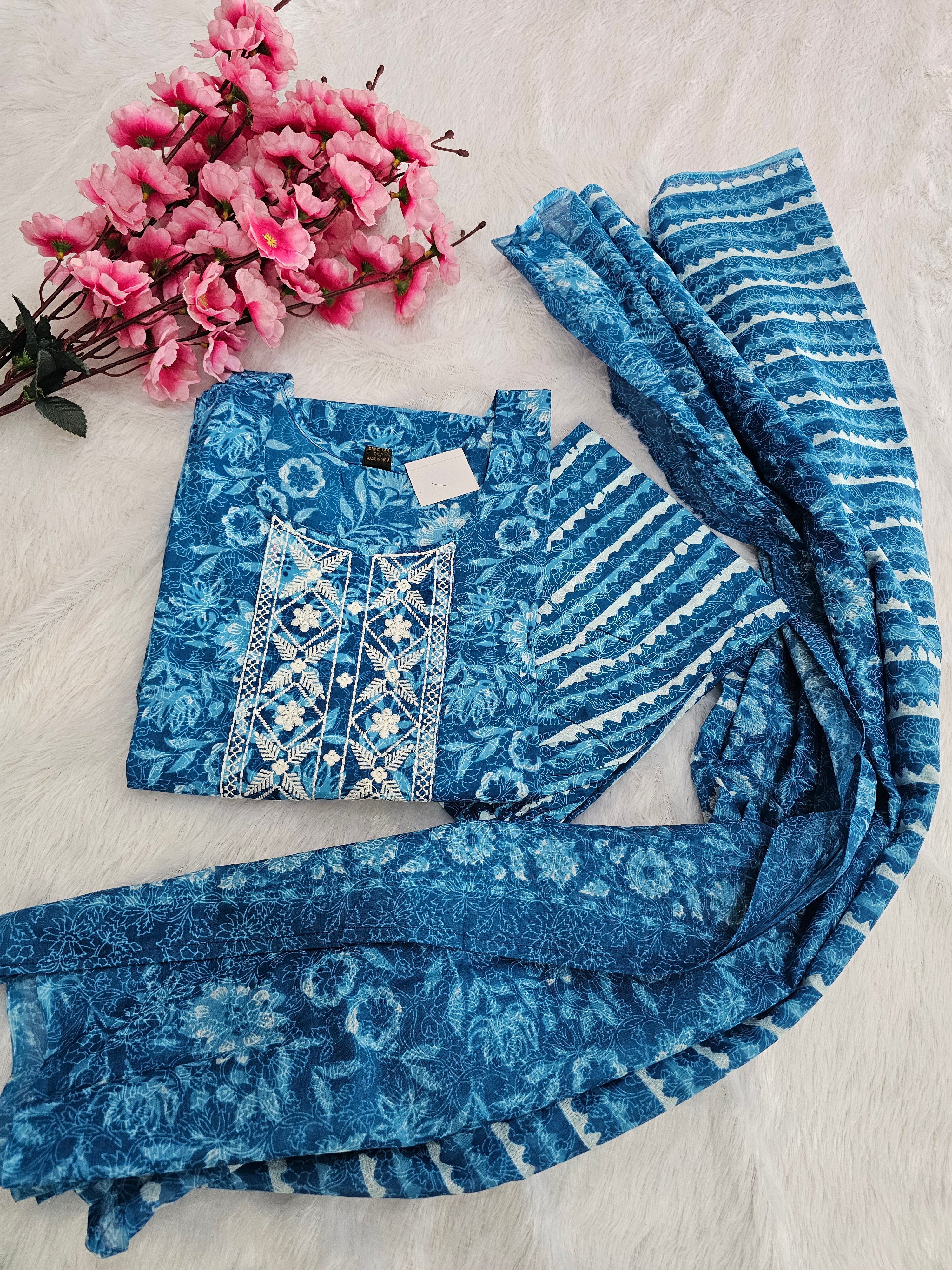770001 Blue Color Embroidered Pure Cotton Flower Printed Straight Kurti With Pant & Dupatta