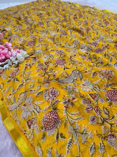 CA1449 Pure Rajasthani Diamond Chiffon Saree with Hand Print yellow flower saree