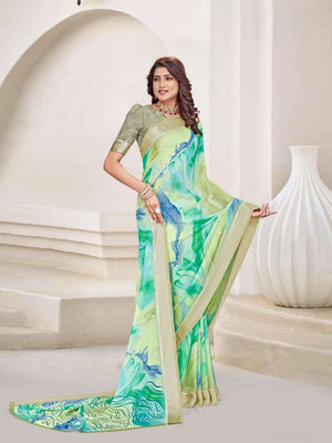 920003 Designer Flower Printed Georgette Saree with Satin Border - Green