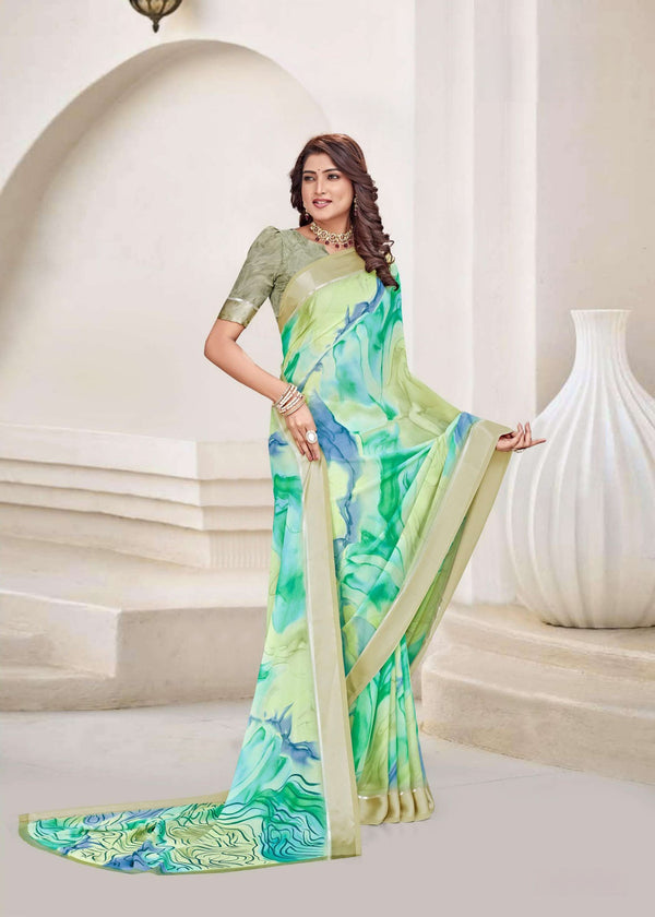 920003 Designer Flower Printed Georgette Saree with Satin Border - Green