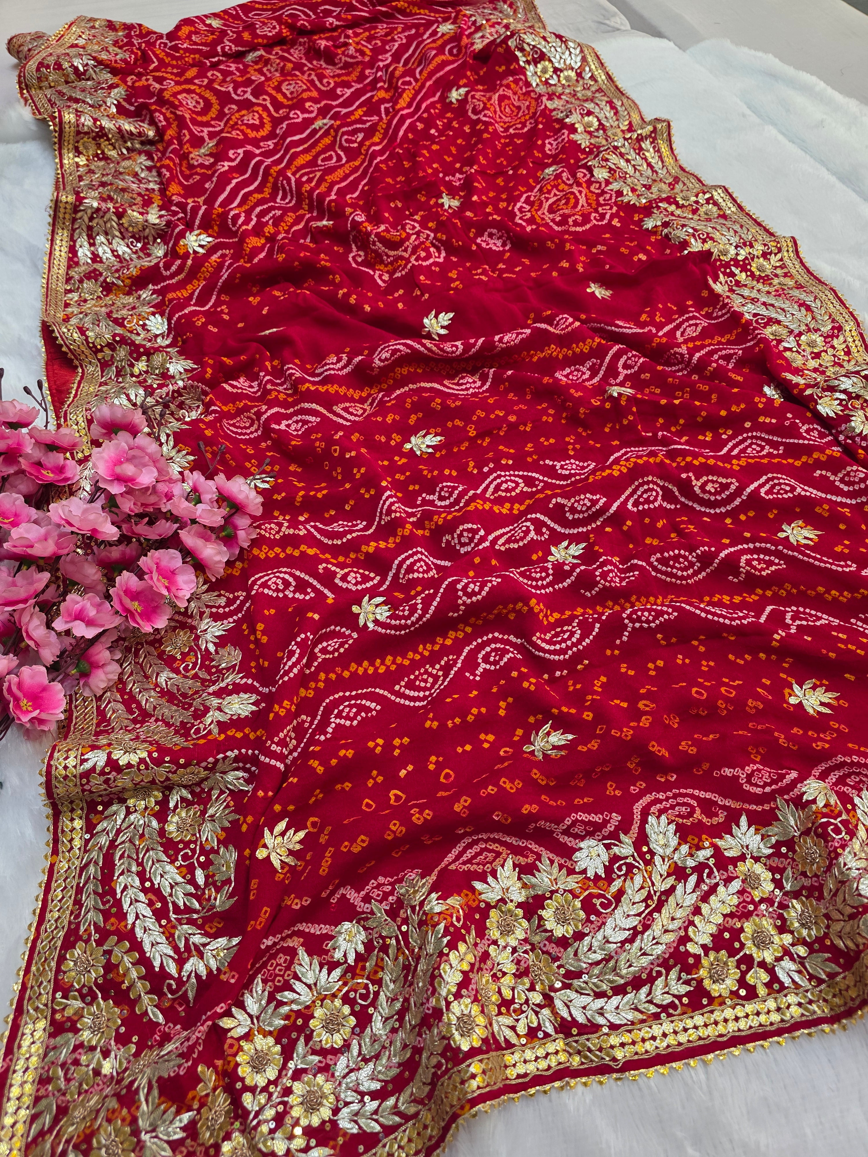 786005 Exclusive Rajasthani Pure Ojariya Hand Bandhani Saree With Premium Gotapatti Work