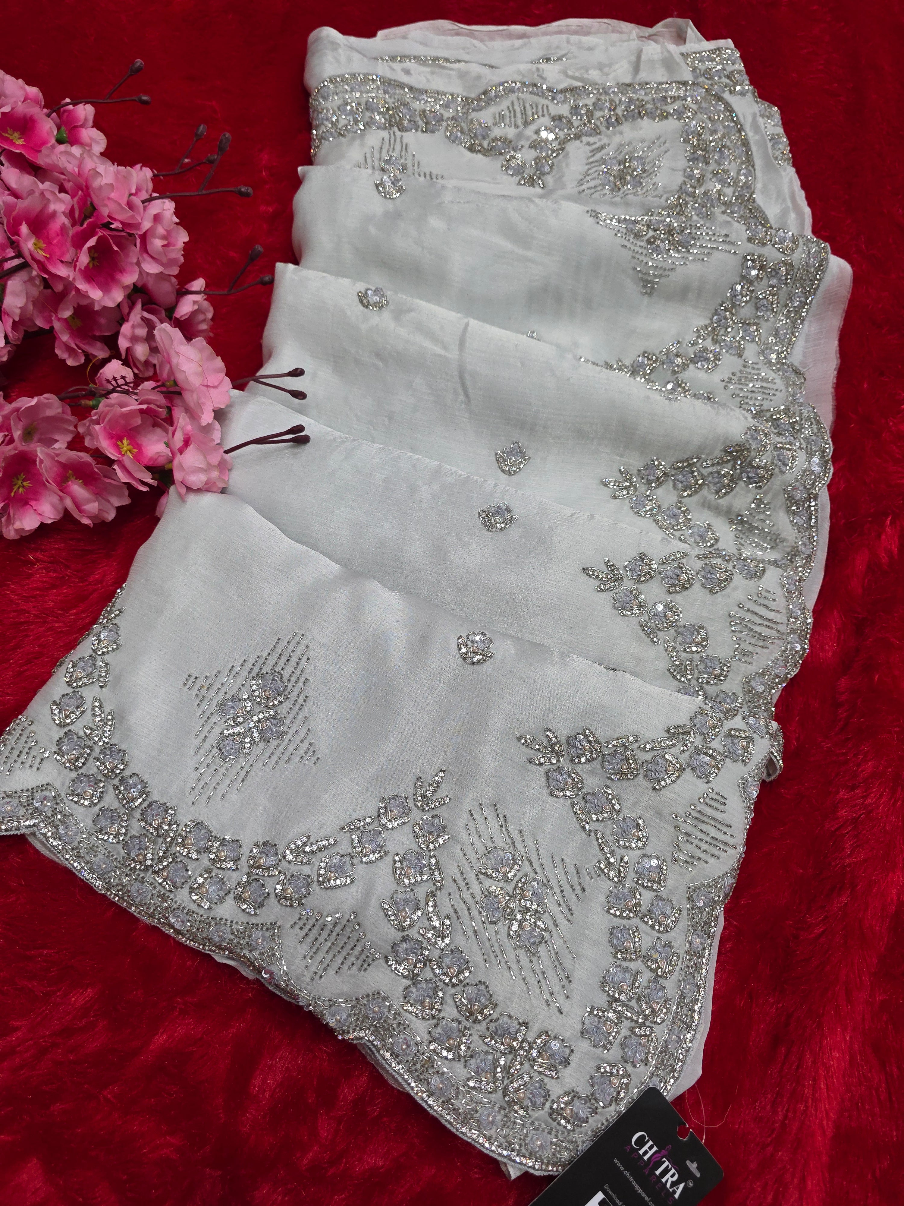 8072 Exclusive Wedding Wear Light Gray Color Designer Saree With Handwork