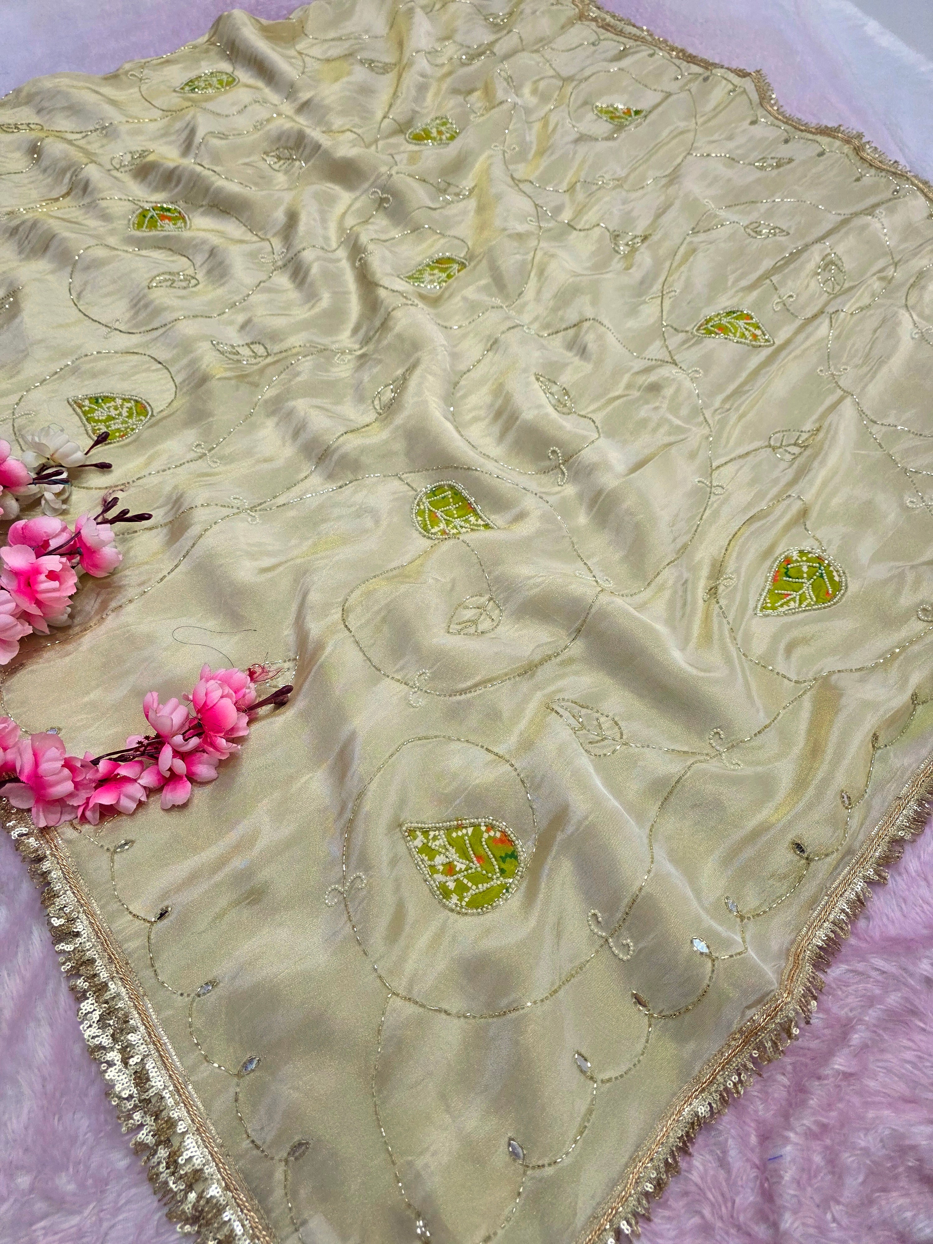 103703 Pure Cosmos SIlk Designer Party Wear Saree with Pearl and Cutdana Work