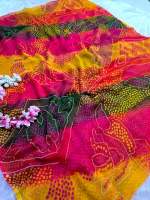 CA1043 Lightweight Elegant Semi Chiffon Bandhani Print Saree - Green