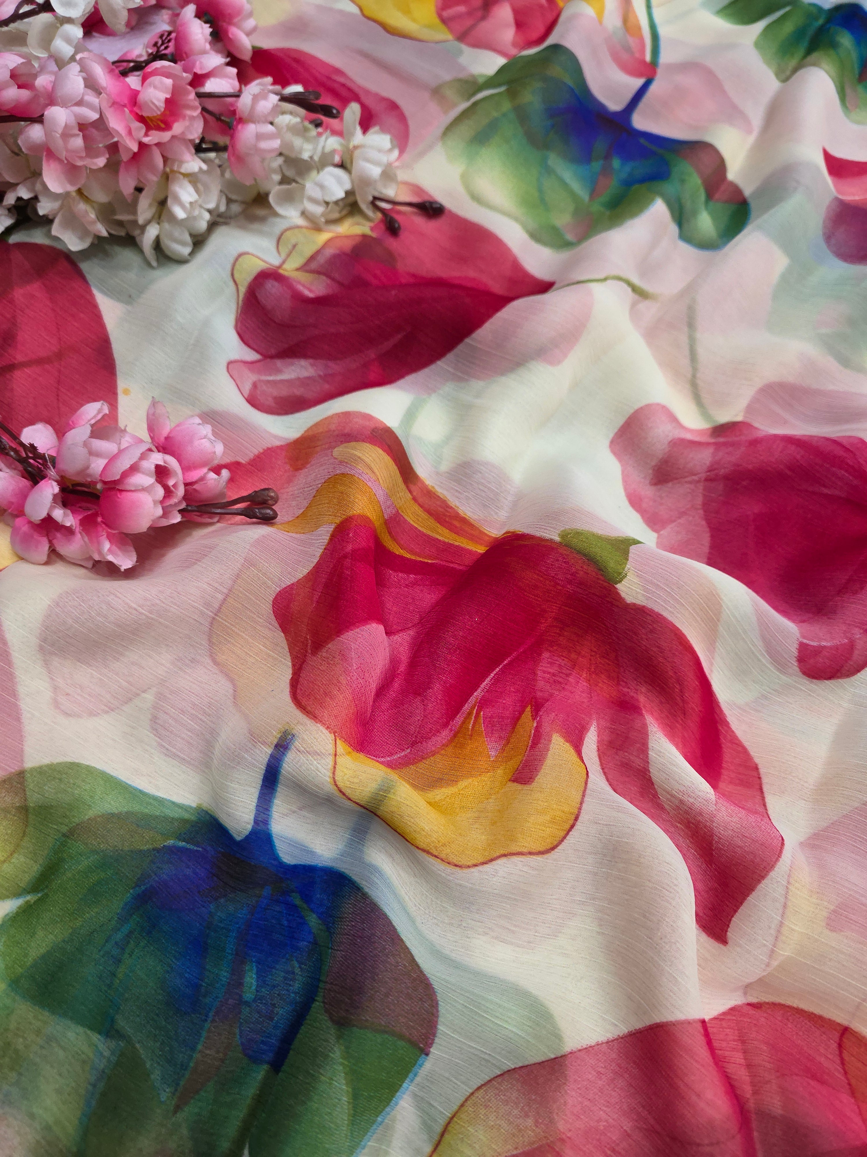 103905 Lightweight Elegant Semi Chiffon Flower Print Saree - Rani