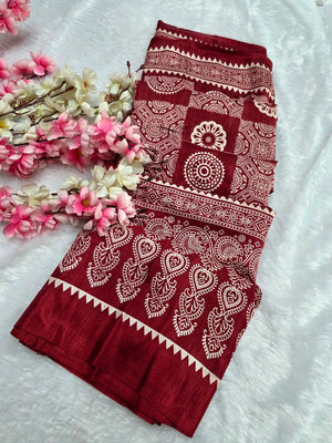 DS287 Semi Dola Silk Block Print Saree - Maroon