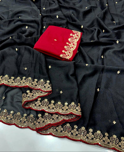 Georgette Crepe Silk Sequence Work Saree - Black