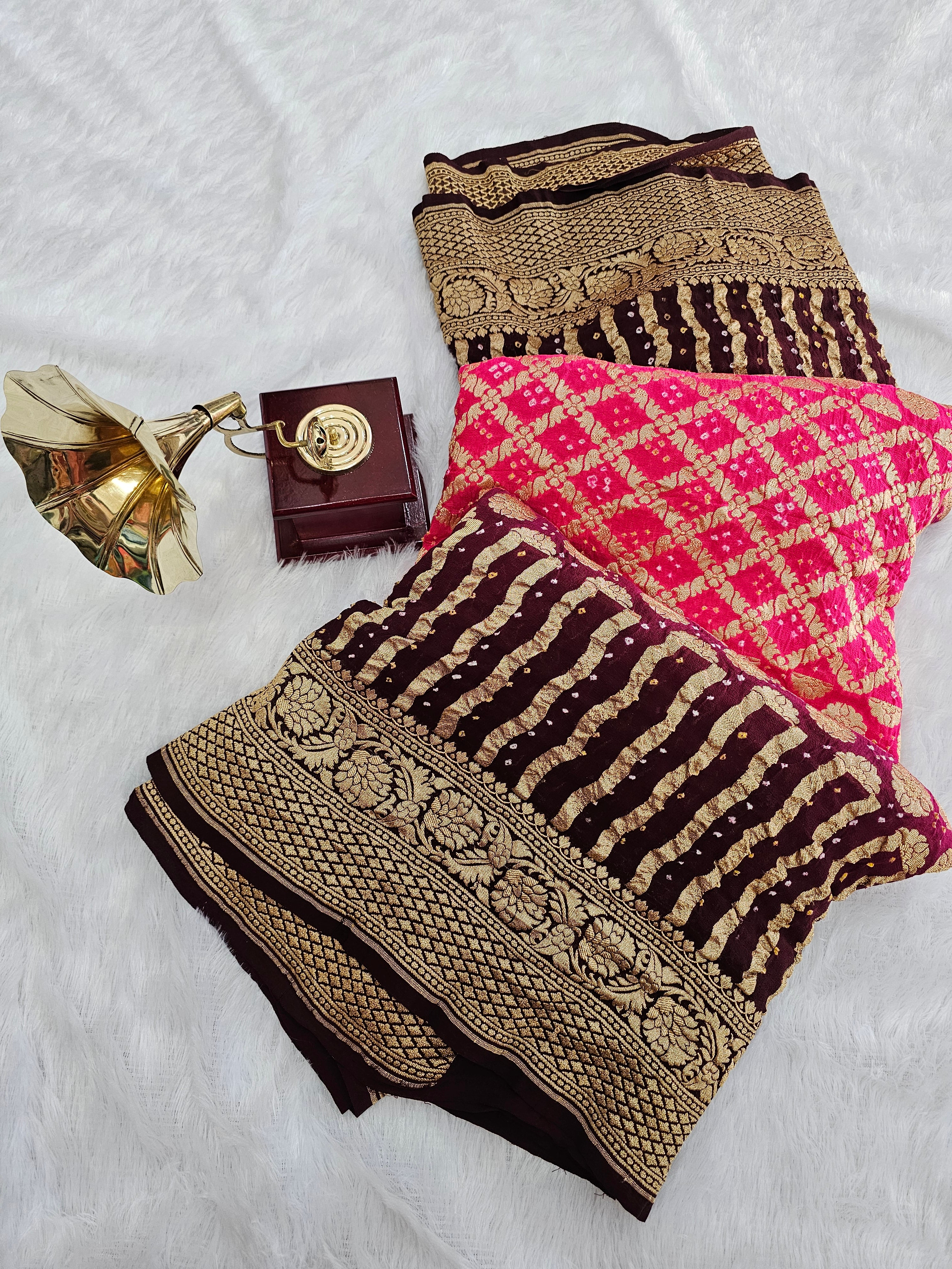 755006 Pure Georgette Coffee and Carrot Color Rai Dana Bandhani Saree