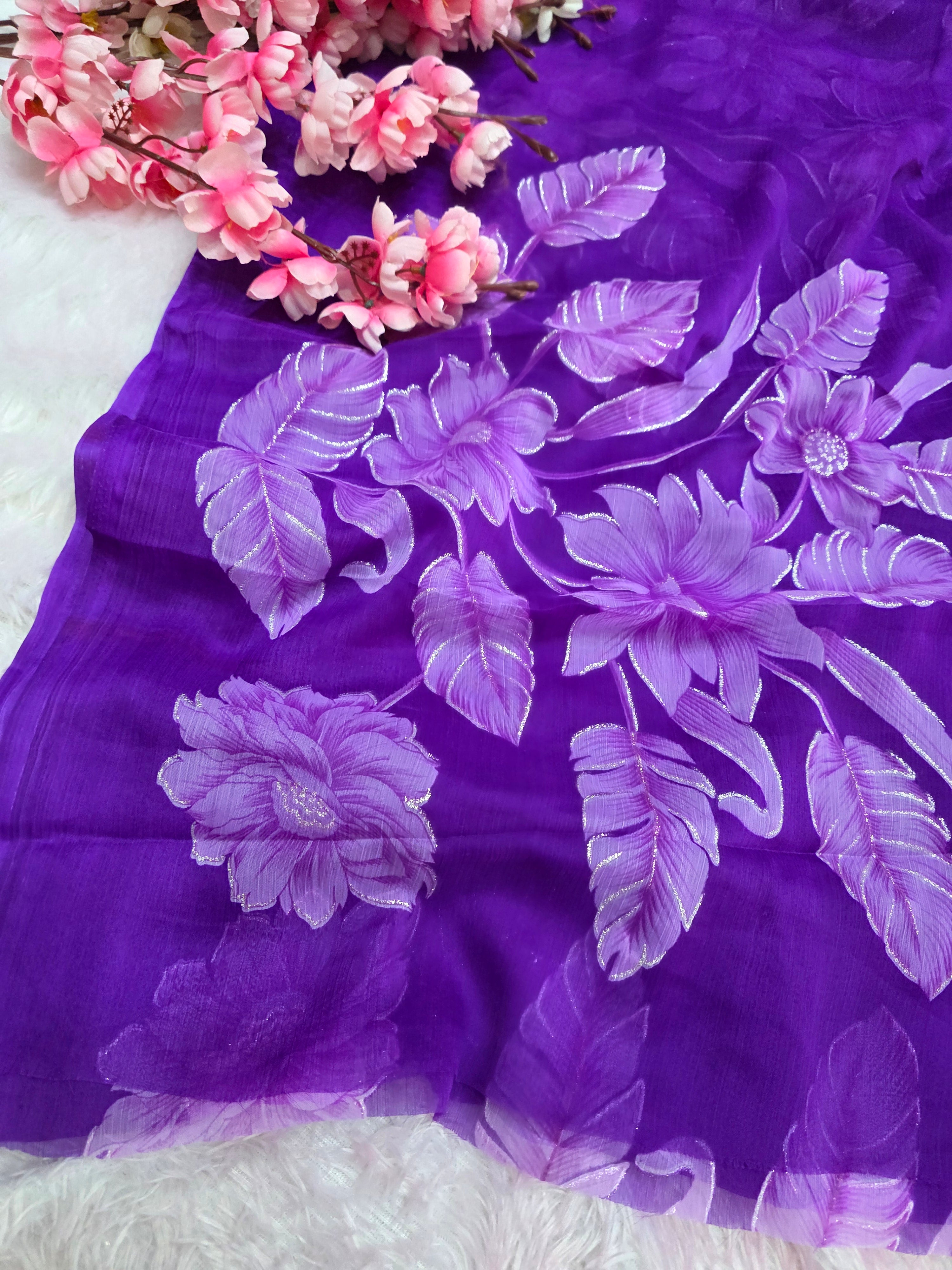 991003 Lightweight Elegant Semi Chiffon Flower Print Saree with Zari Print - Purple