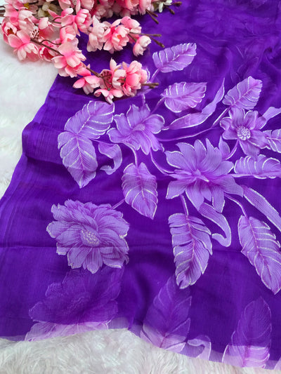 991003 Lightweight Elegant Semi Chiffon Flower Print Saree with Zari Print - Purple