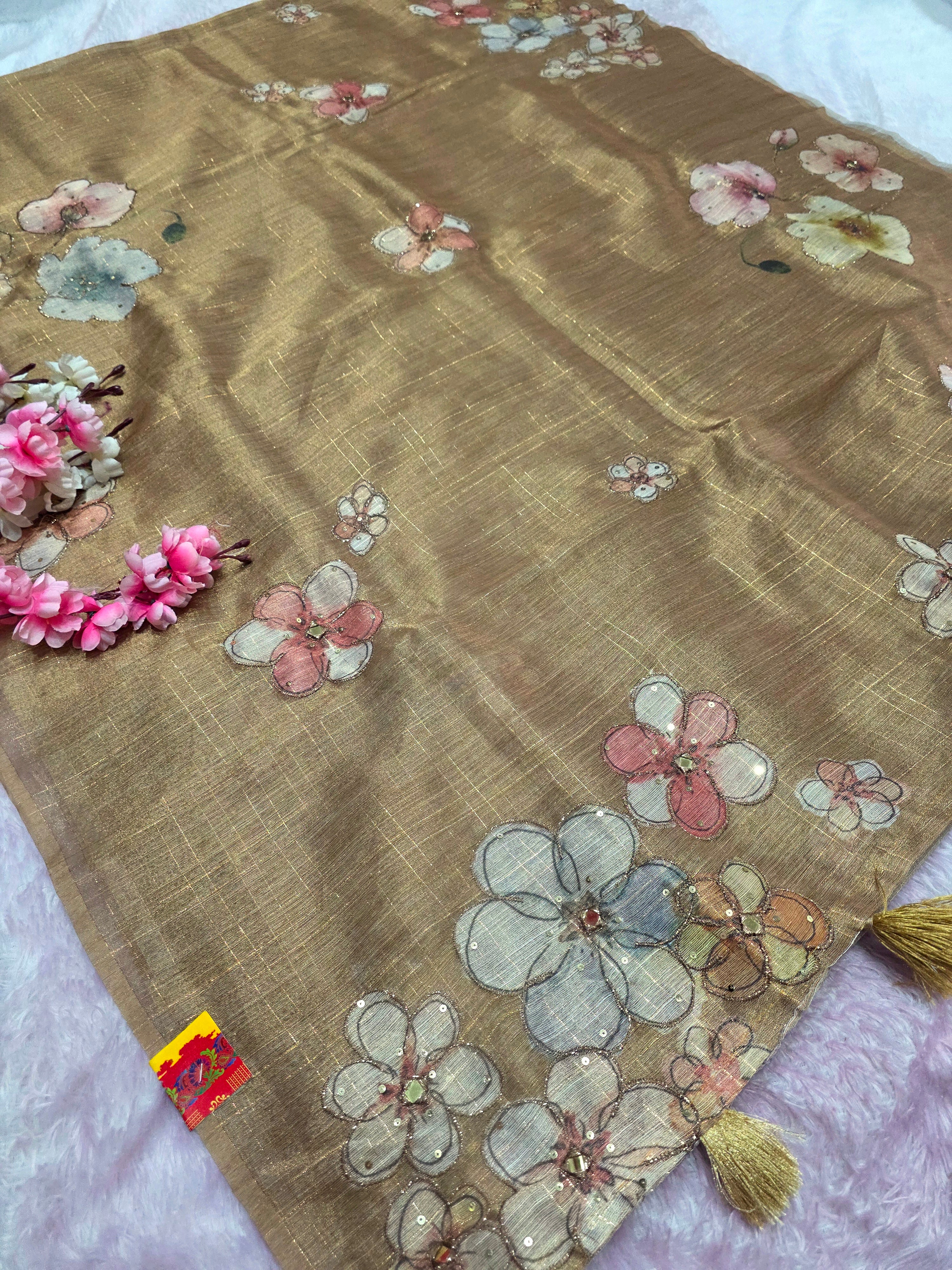 101704 Designer Tissue jute Silk Saree with Rajasthani Hand Aari Tari Work