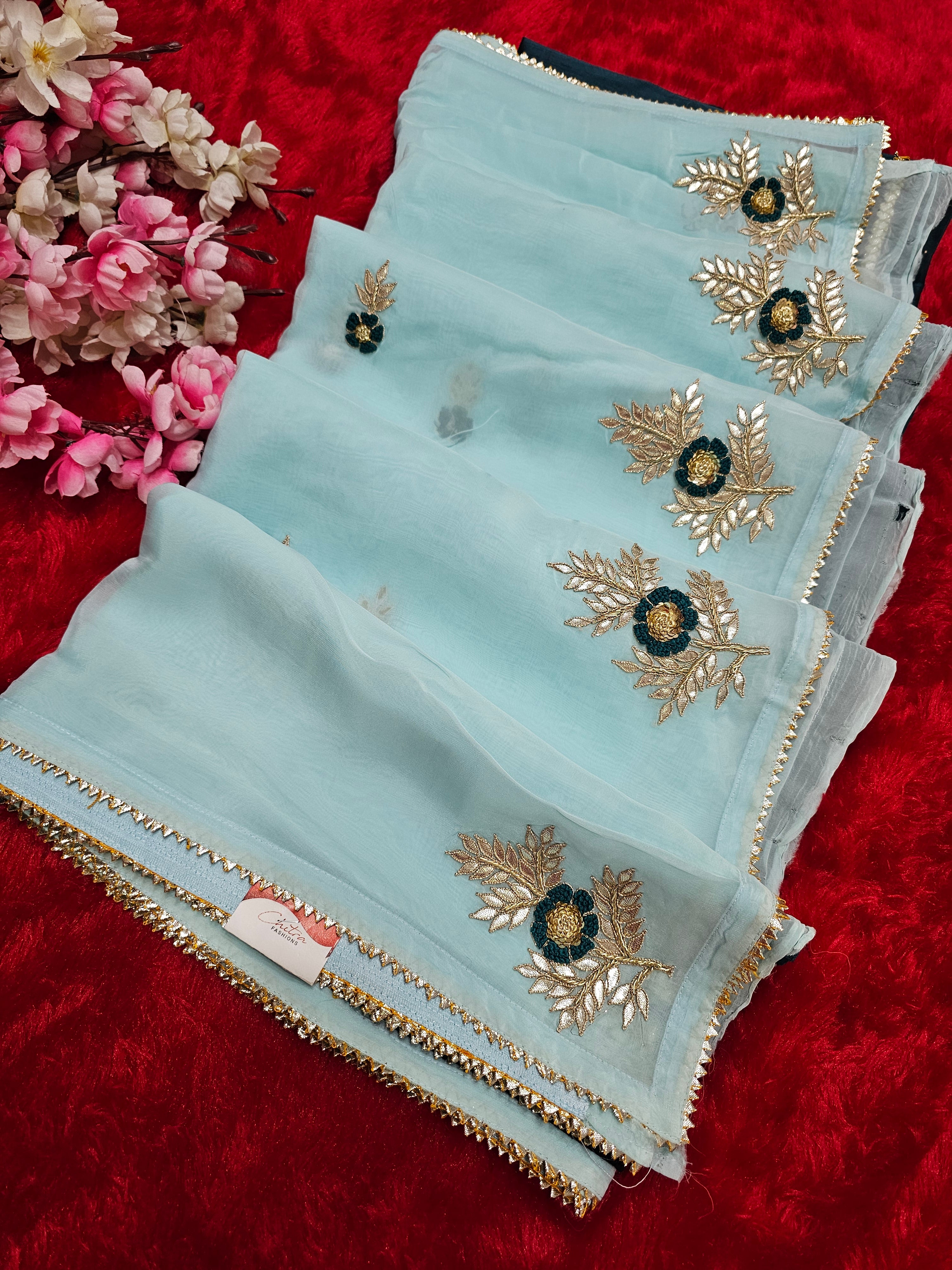 8068 Designer Party Wear Pure Soft Organza Saree with Hand Gota Patti Work