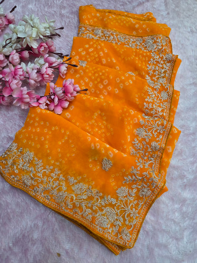 967001 Rajasthani Traditional Georgette Bandhani Saree with Pitta Work - Yellow