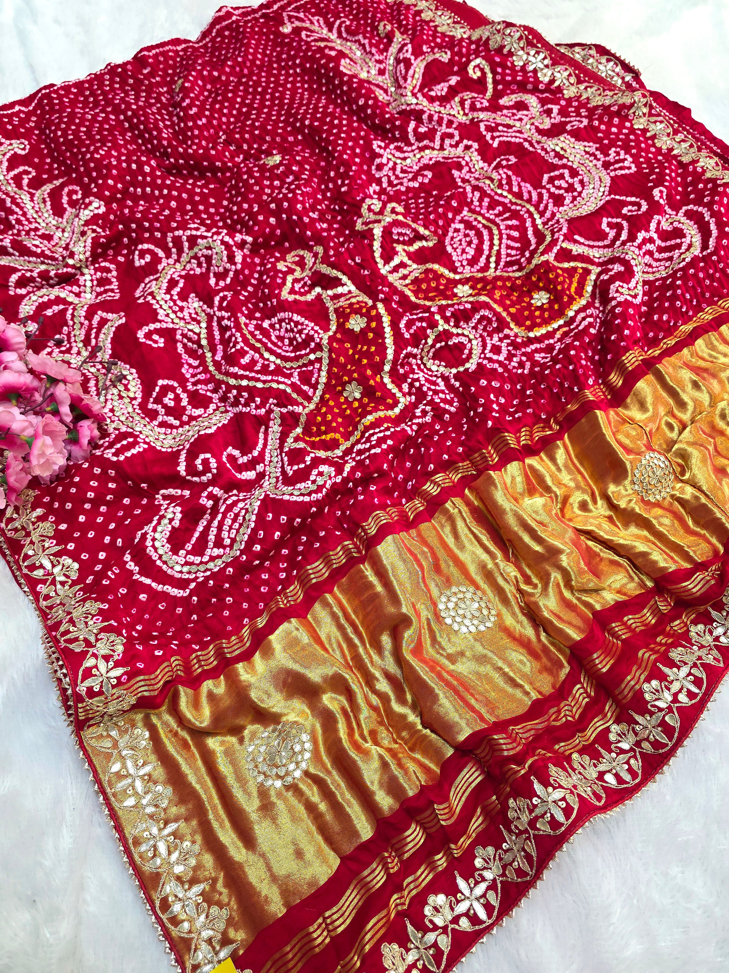 817006 Exclusive Pure Gajji Silk Rajasthani Hand Rai Bandhani Red Color Saree With Premium Gotapatti Work