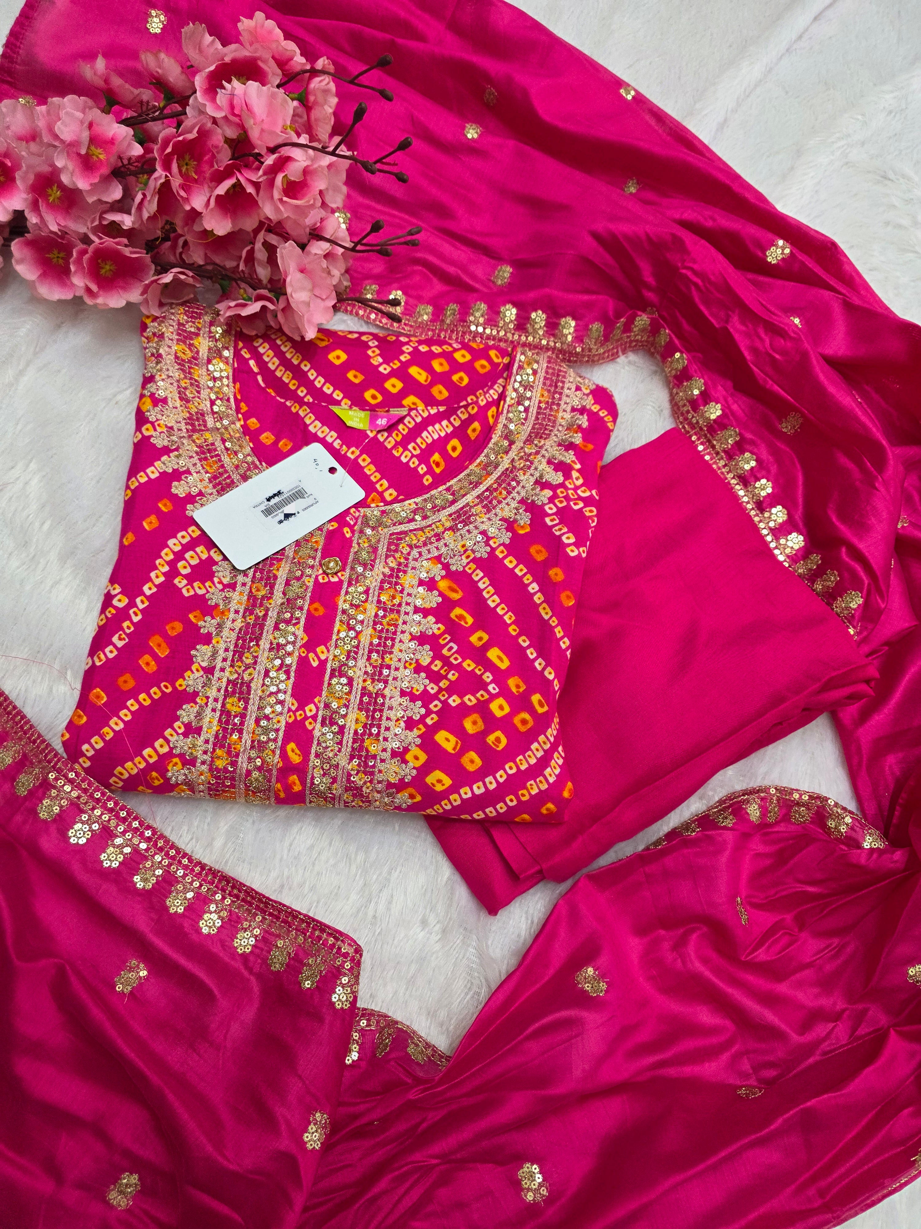 889001 Bandhani Print Party Wear Dress with Sequence Work C77012