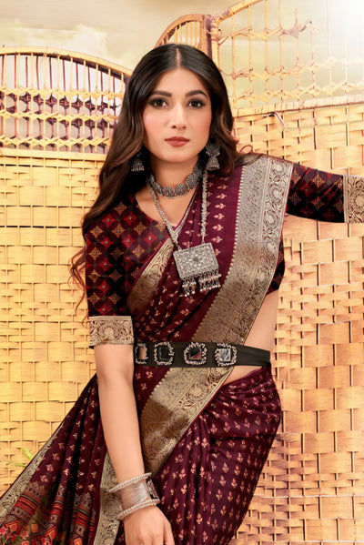 920005 Georgette Crepe Silk Saree with Small Prints and Banarasi Border - Wine