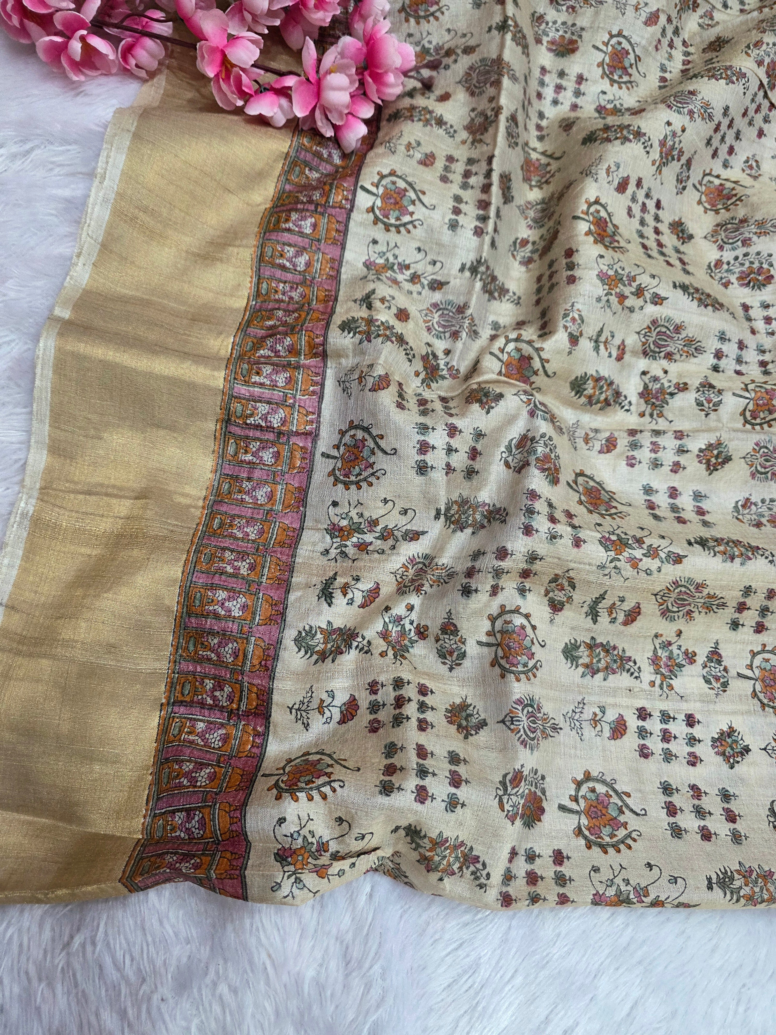 834005 Pure Tusser Silk Hand Made Block Print Saree
