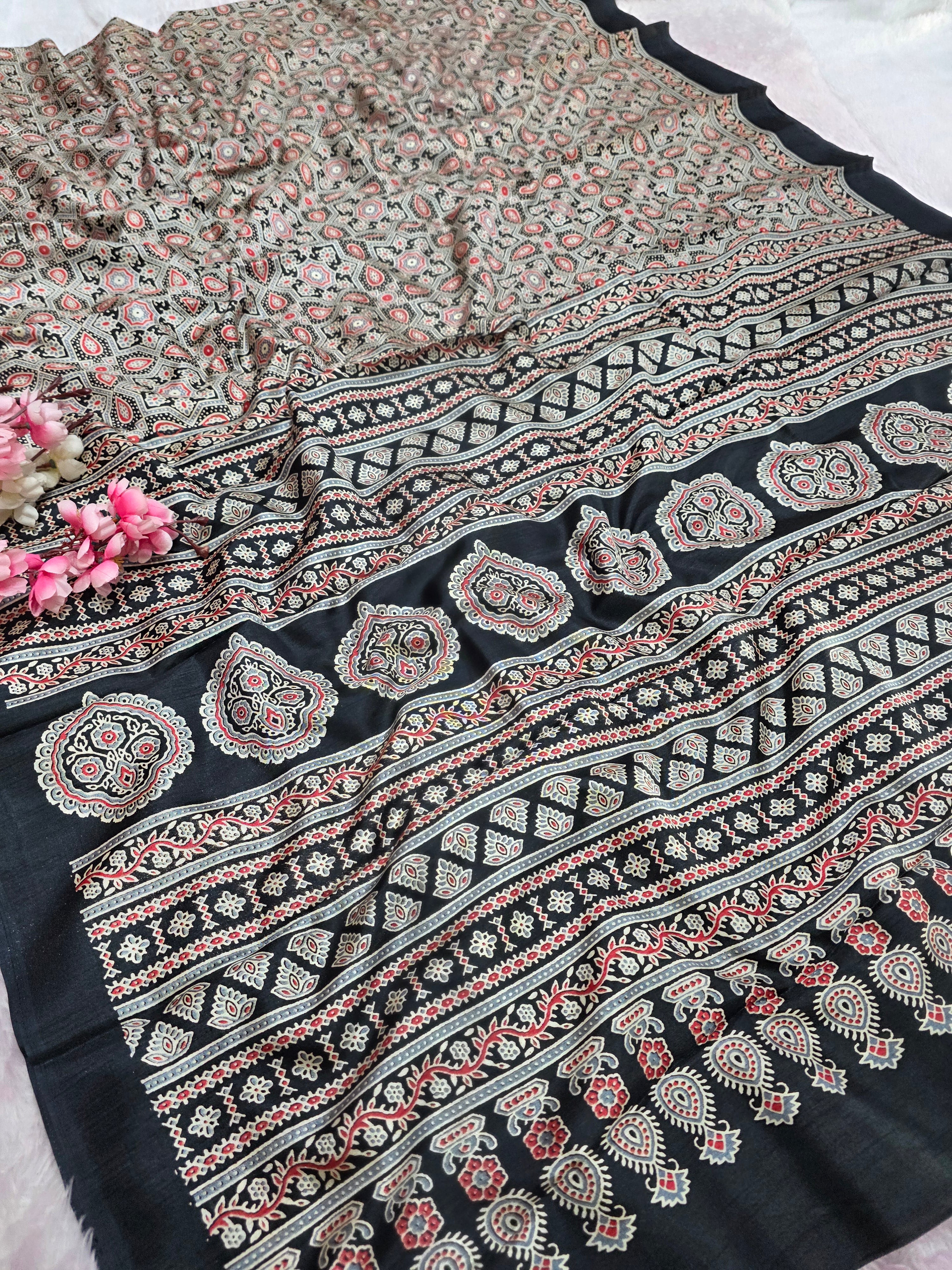 973001 Traditional Ajrakh Print Semi Dola Silk Saree - Black