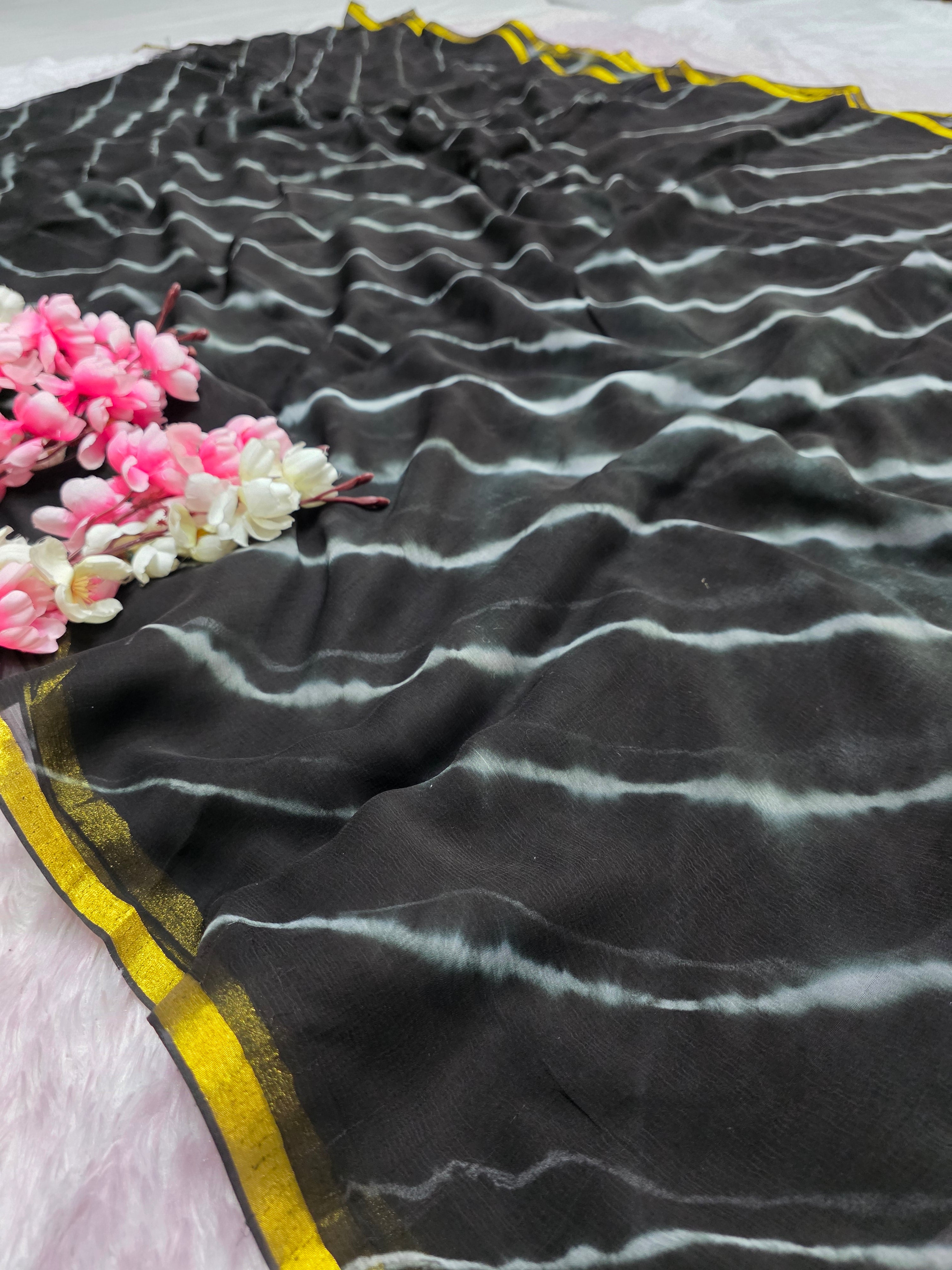 CA1451 Pure Rajasthani Diamond Chiffon Saree with Hand Print black lahriya saree