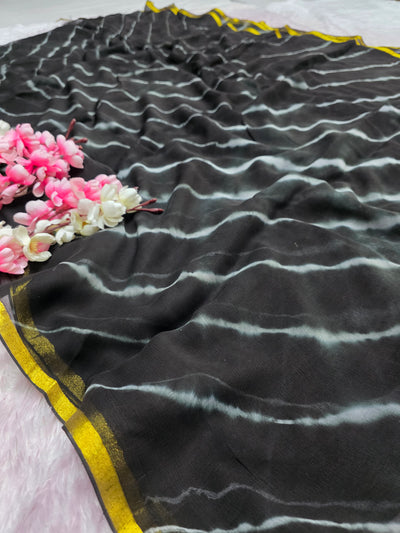 CA1451 Pure Rajasthani Diamond Chiffon Saree with Hand Print black lahriya saree