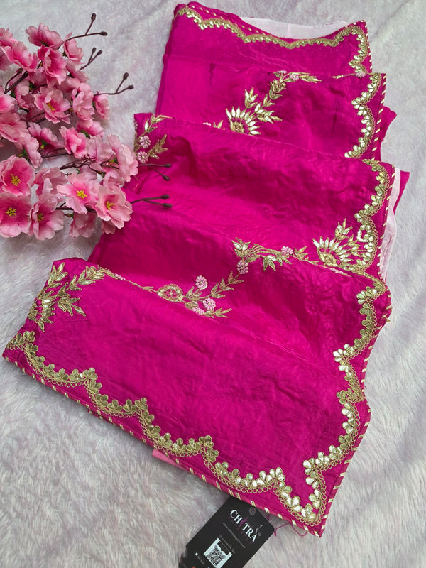 9629 Traditional and Stylish Pure Russian Silk Rani Color Saree with Hand Zardosi Work