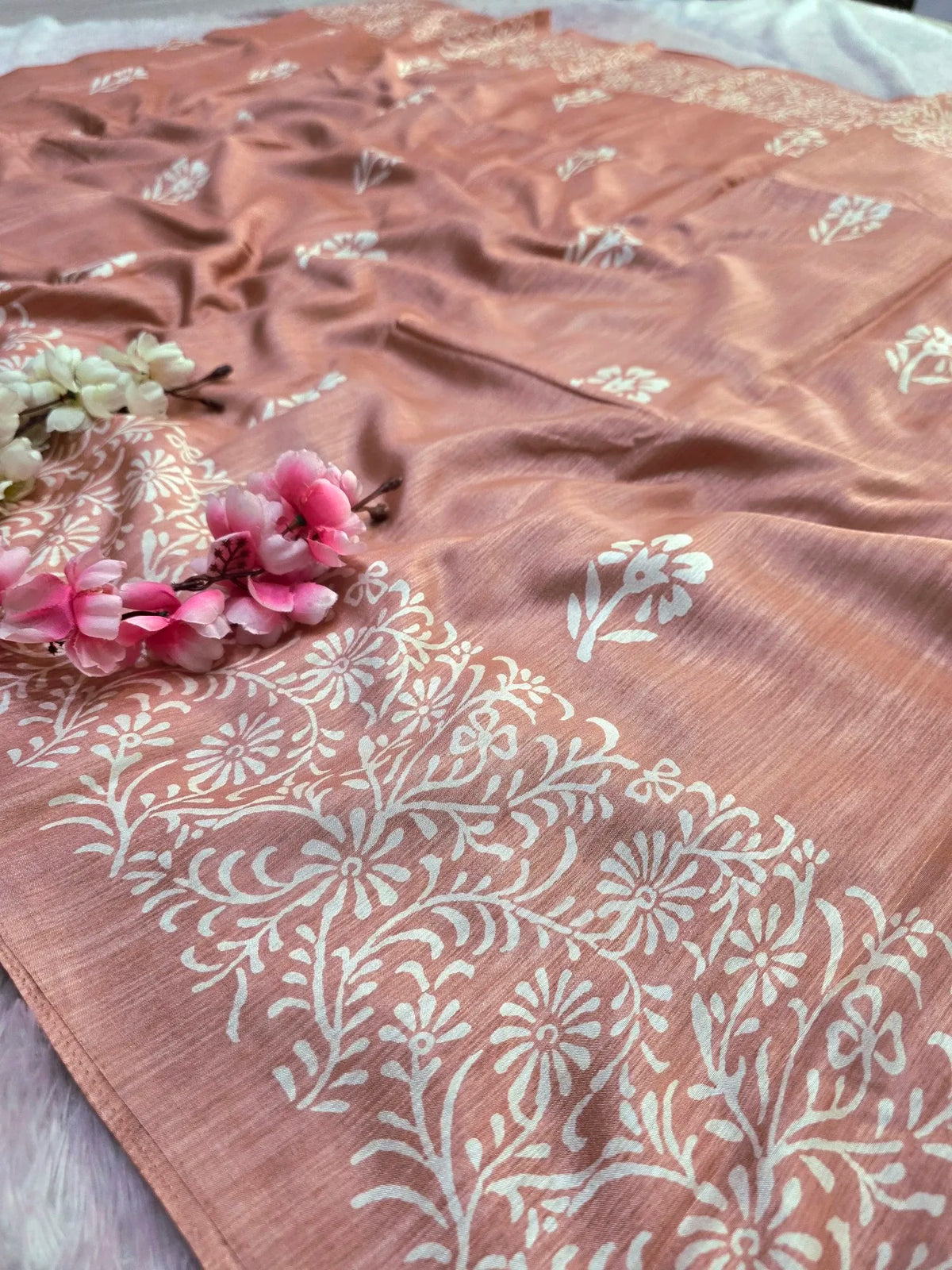 CA1524 Soft Dola Silk Block Print Saree - Peach