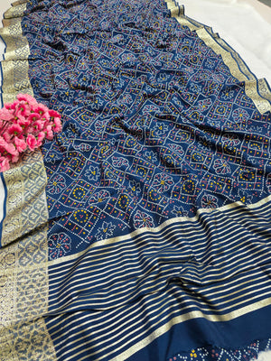 500007 Bandhani Saree With Banarasi Zari Weaving Work - Blue 347002