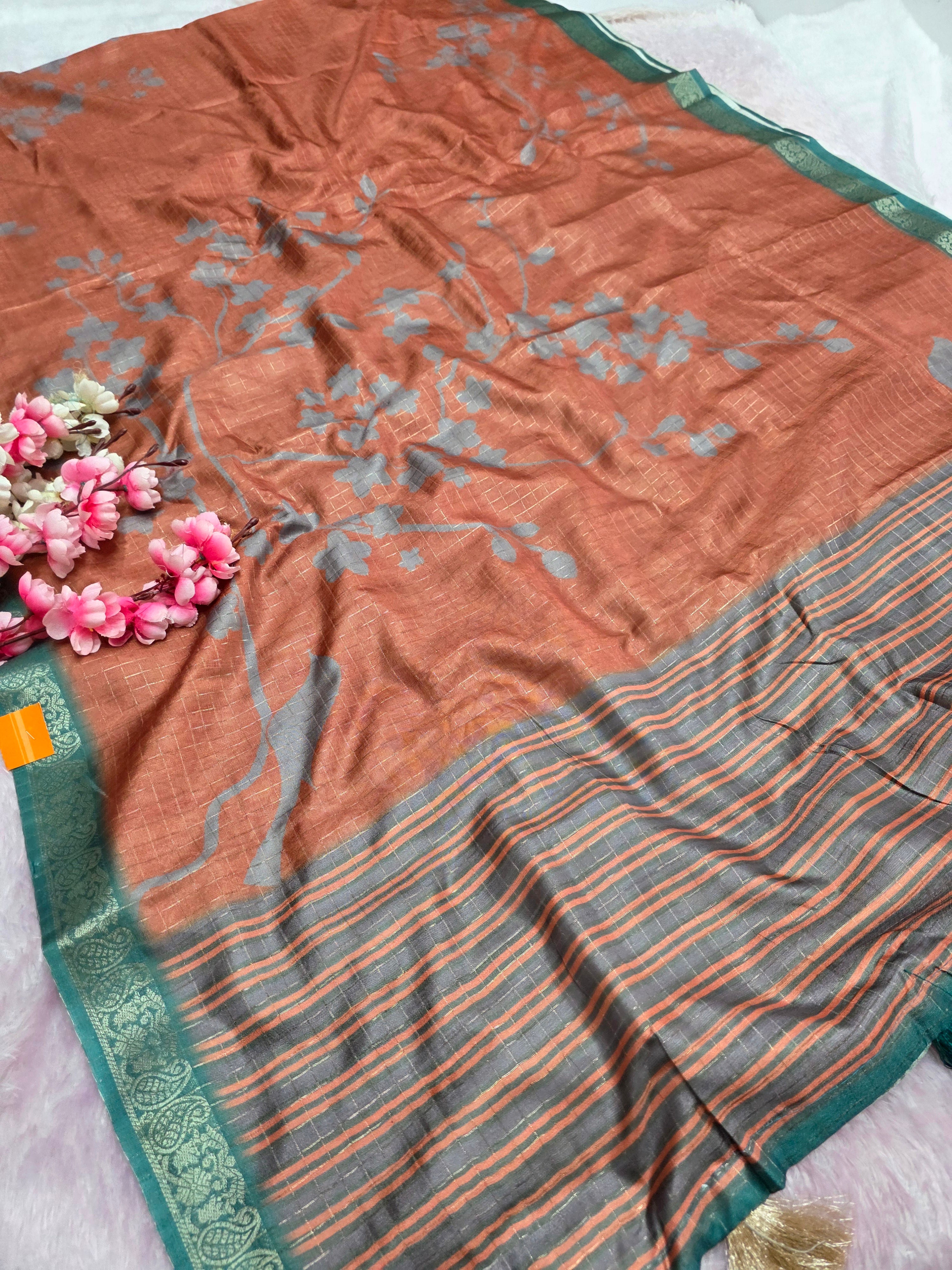 102402 Exclusive Soft Viscose Silk Printed Saree with Zari Weaving Checks - Rust