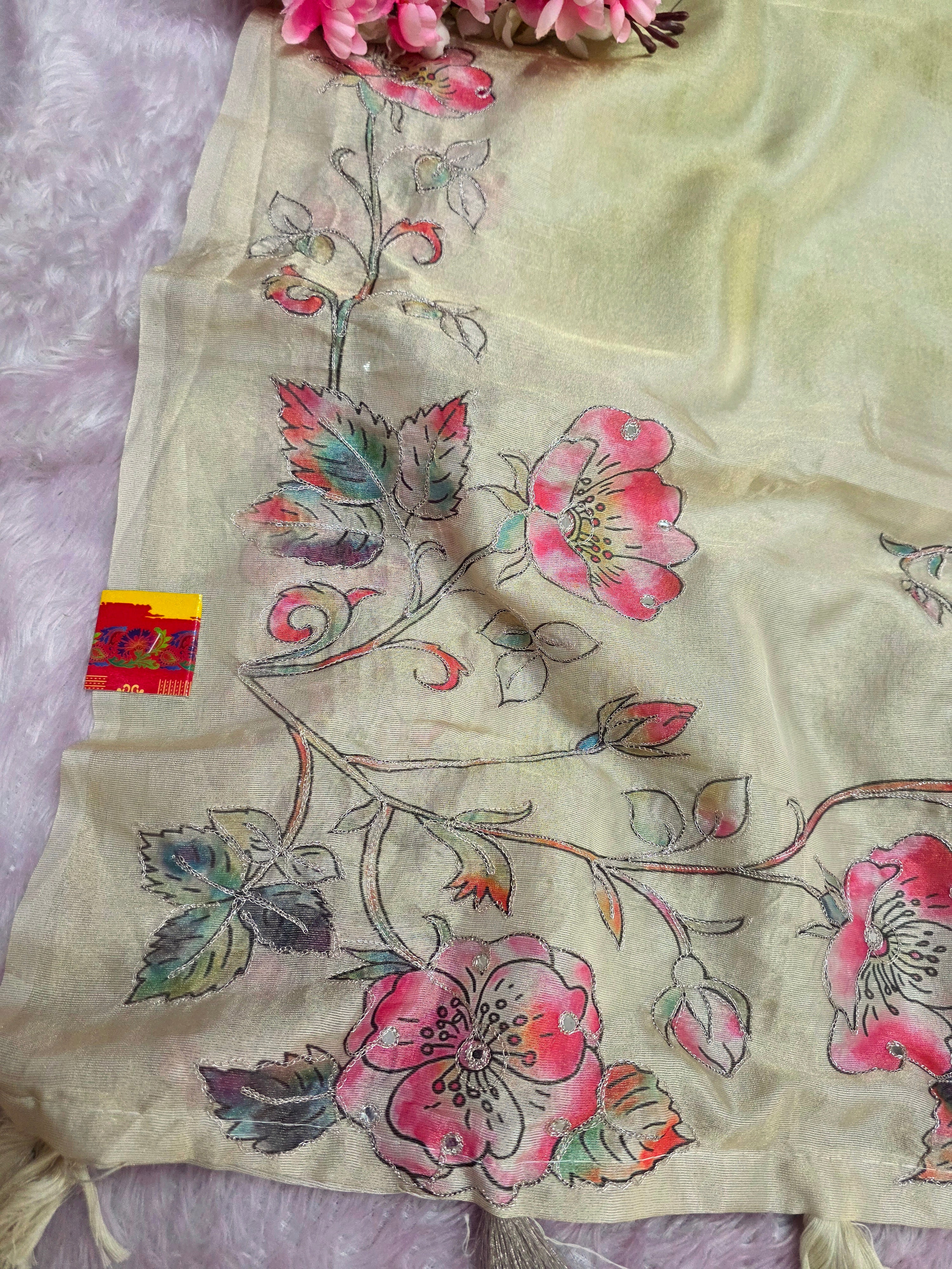 101707 Designer Tissue jute Silk Saree with Rajasthani Hand Aari Tari Work - Green