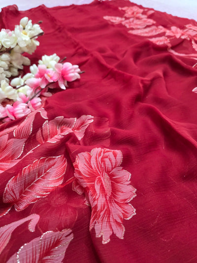 991003 Lightweight Elegant Semi Chiffon Flower Print Saree with Zari Print - Maroon