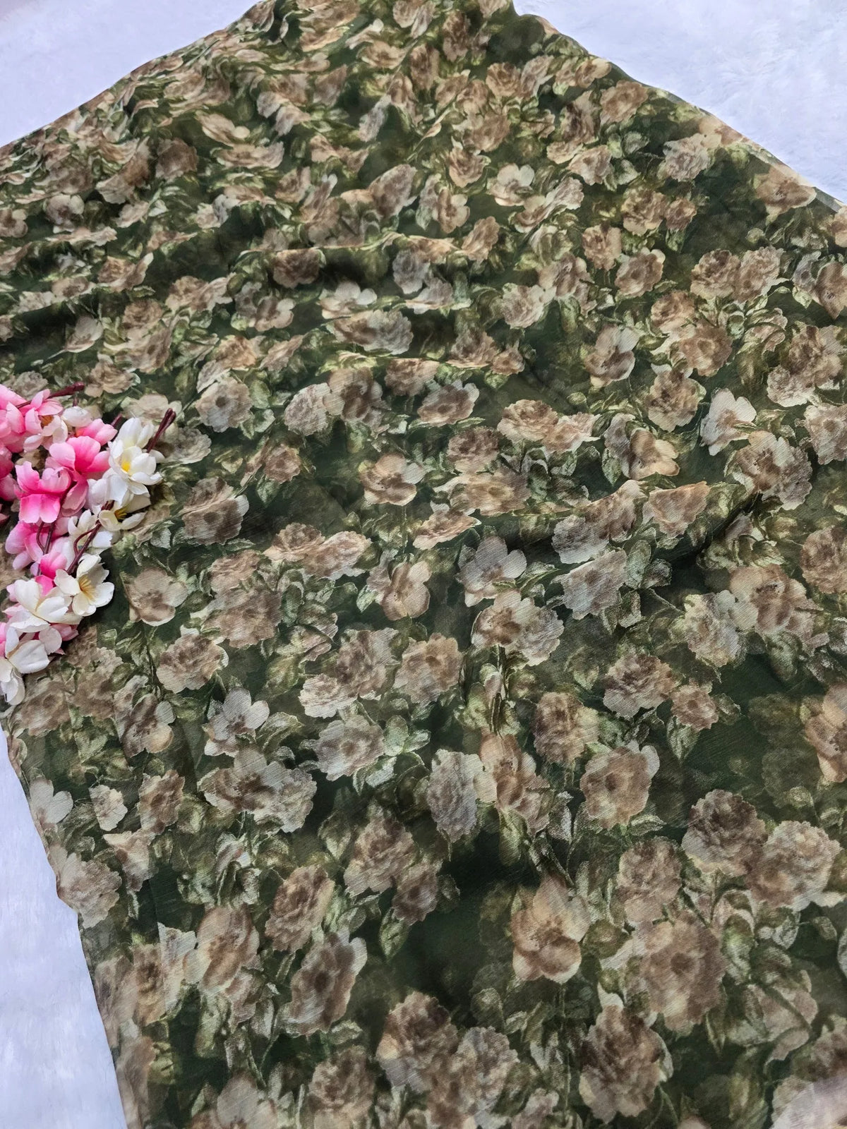 CA1031 Lightweight Elegant Semi Chiffon Flower Print Saree - Green