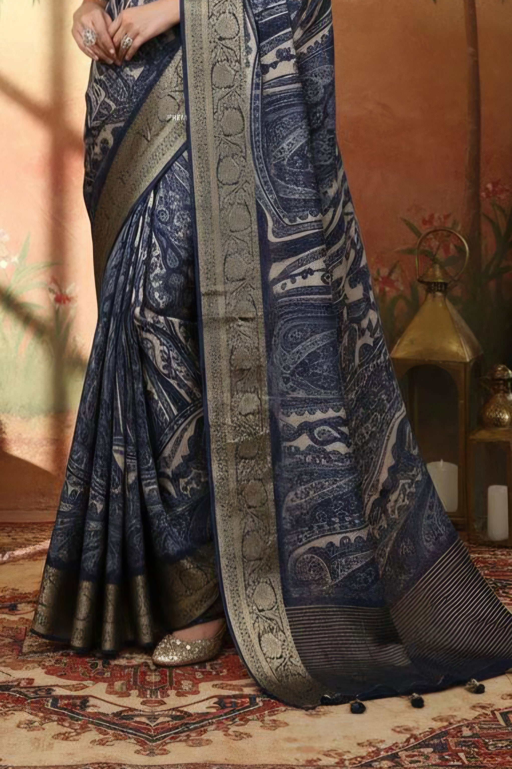 996003 Beautiful Pure Maslin Silk Traditional Print Saree with Zari Weaving Border and Heavy Brocket Blouse