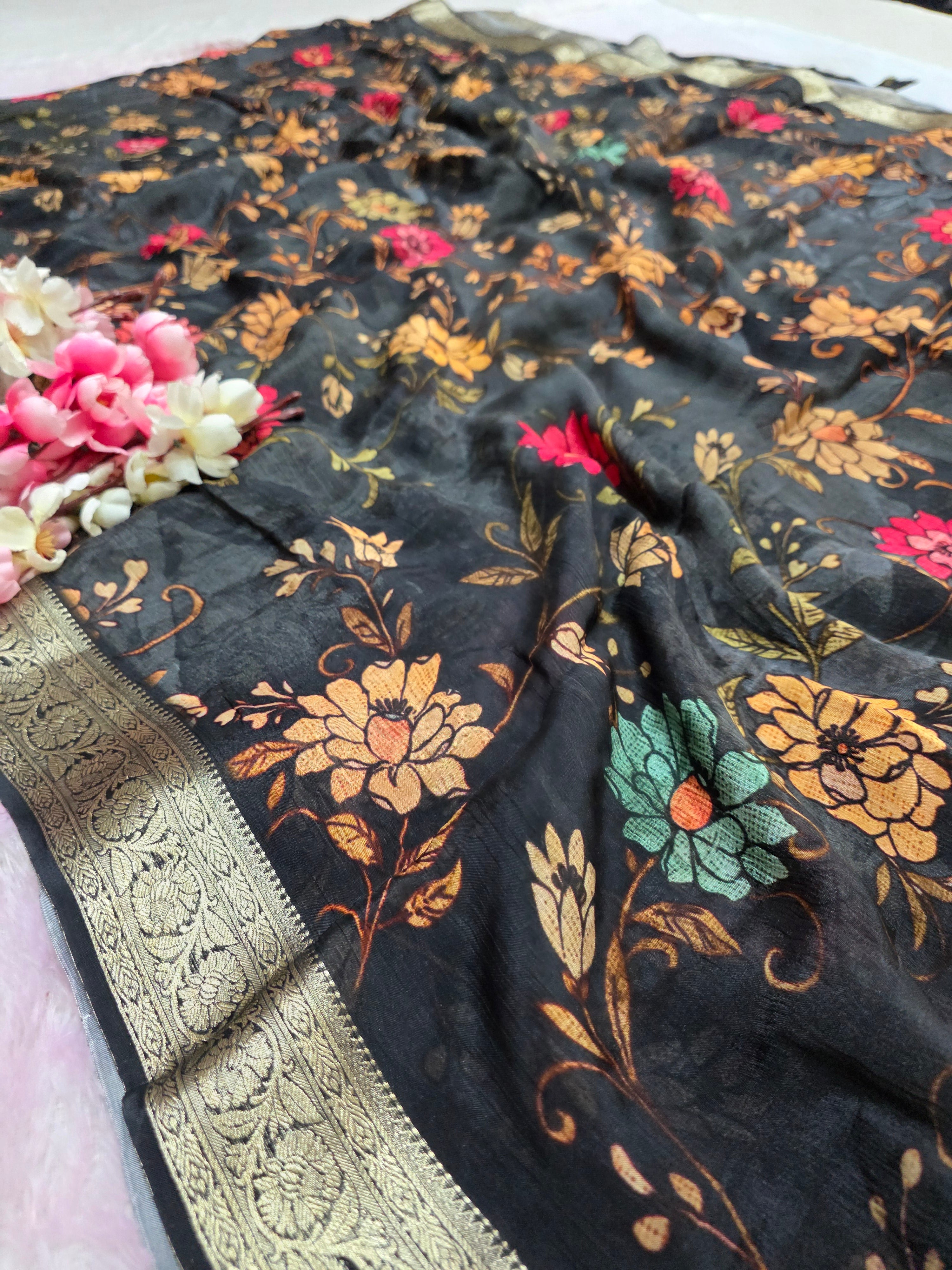 CA0707 pure chinon silk flower saree grey