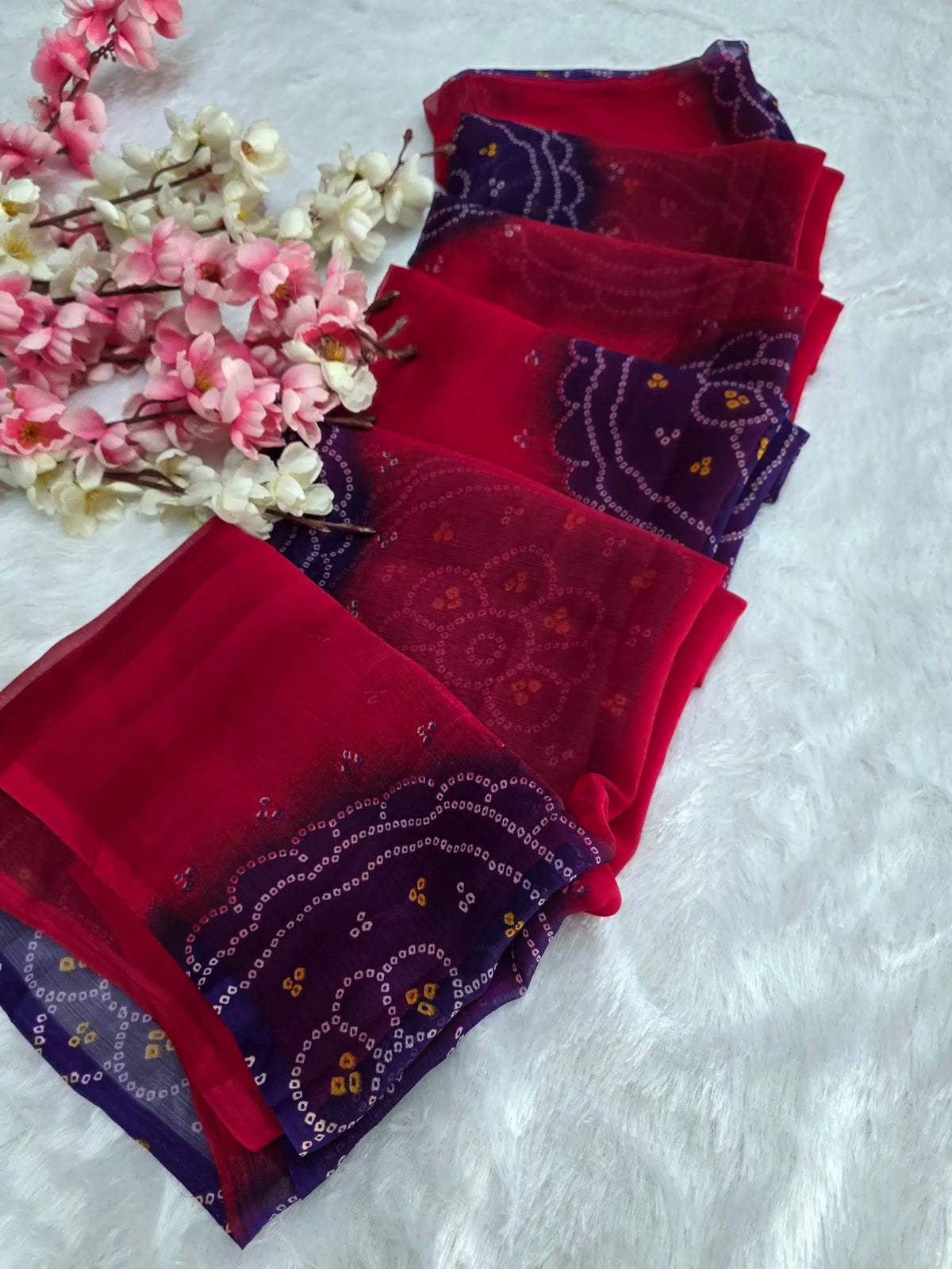 CA1486 Lightweight Elegant Semi Chiffon Bandhani Print Saree - Red Blue