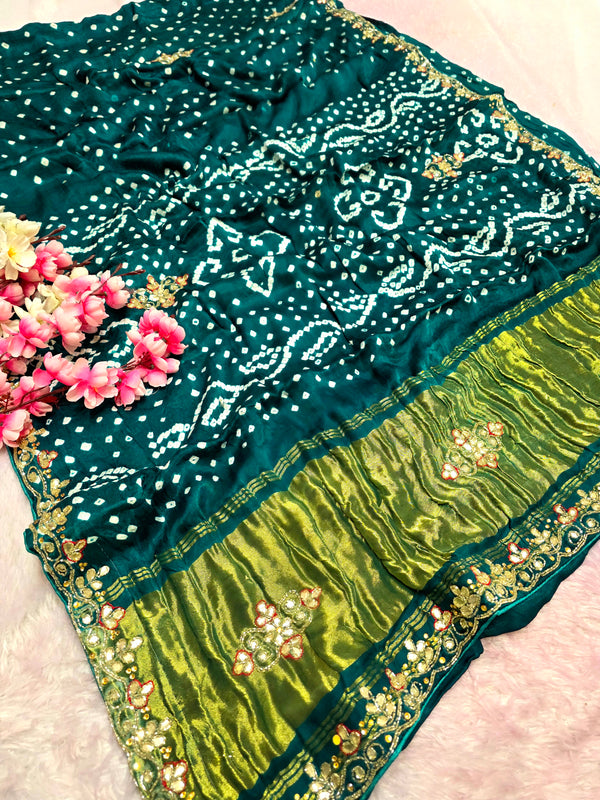969005 Traditional Gajji Silk Bandhani Saree with Hand Gota Patti Work - Green