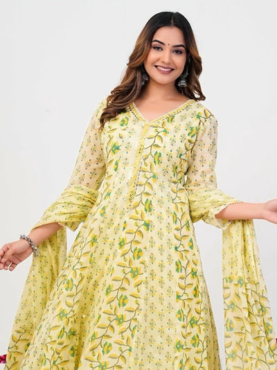 12227 Pure Malmal Cotton Anarkali Kurti With Dupatta and Pant - Yellow