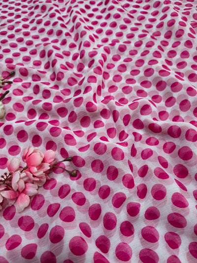 845003 Lightweight Elegant Semi Chiffon Polki Dot Print Saree - White Pink