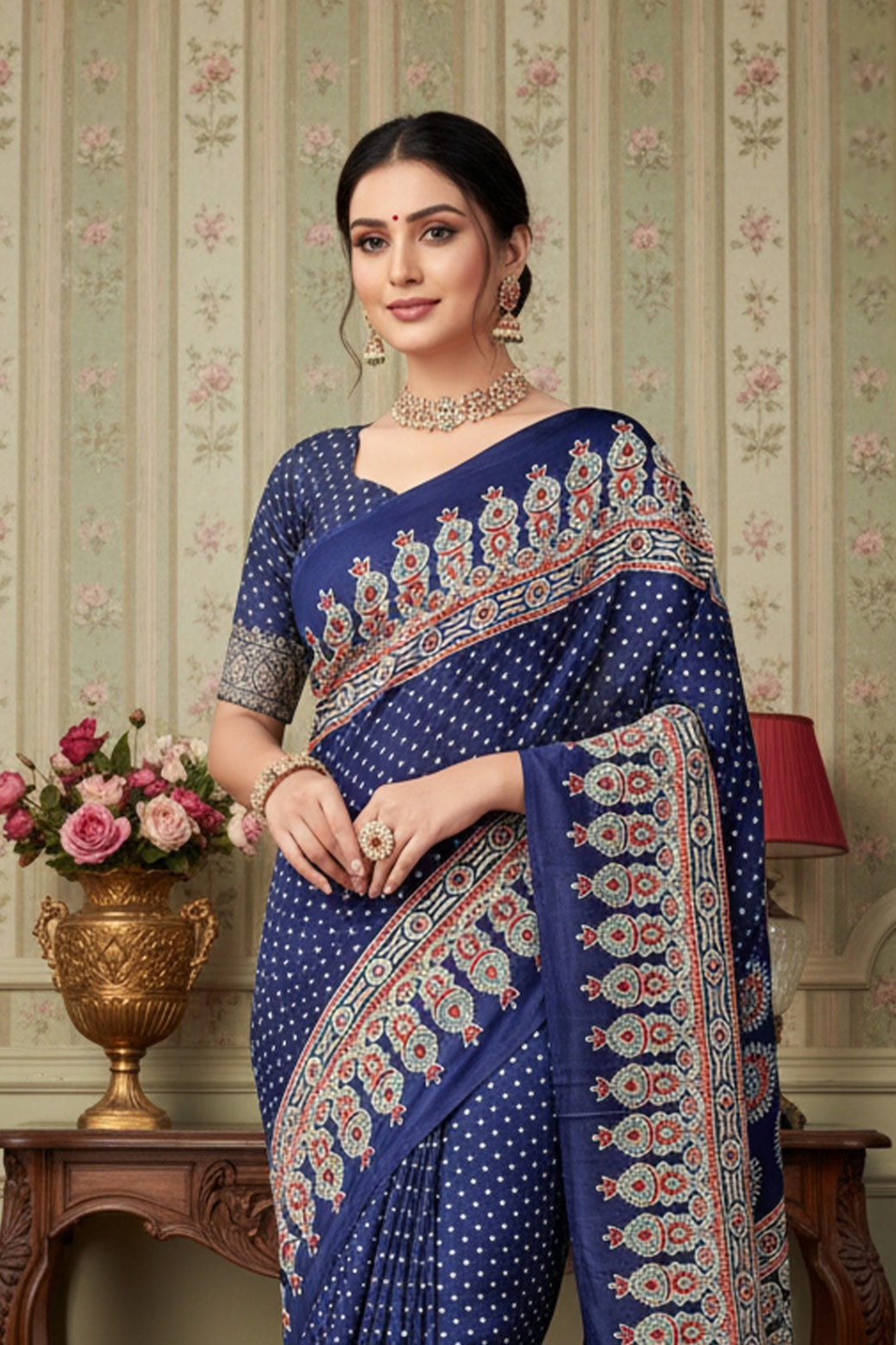 937004 Traditional Ajrakh Print Satin Silk Saree - Blue