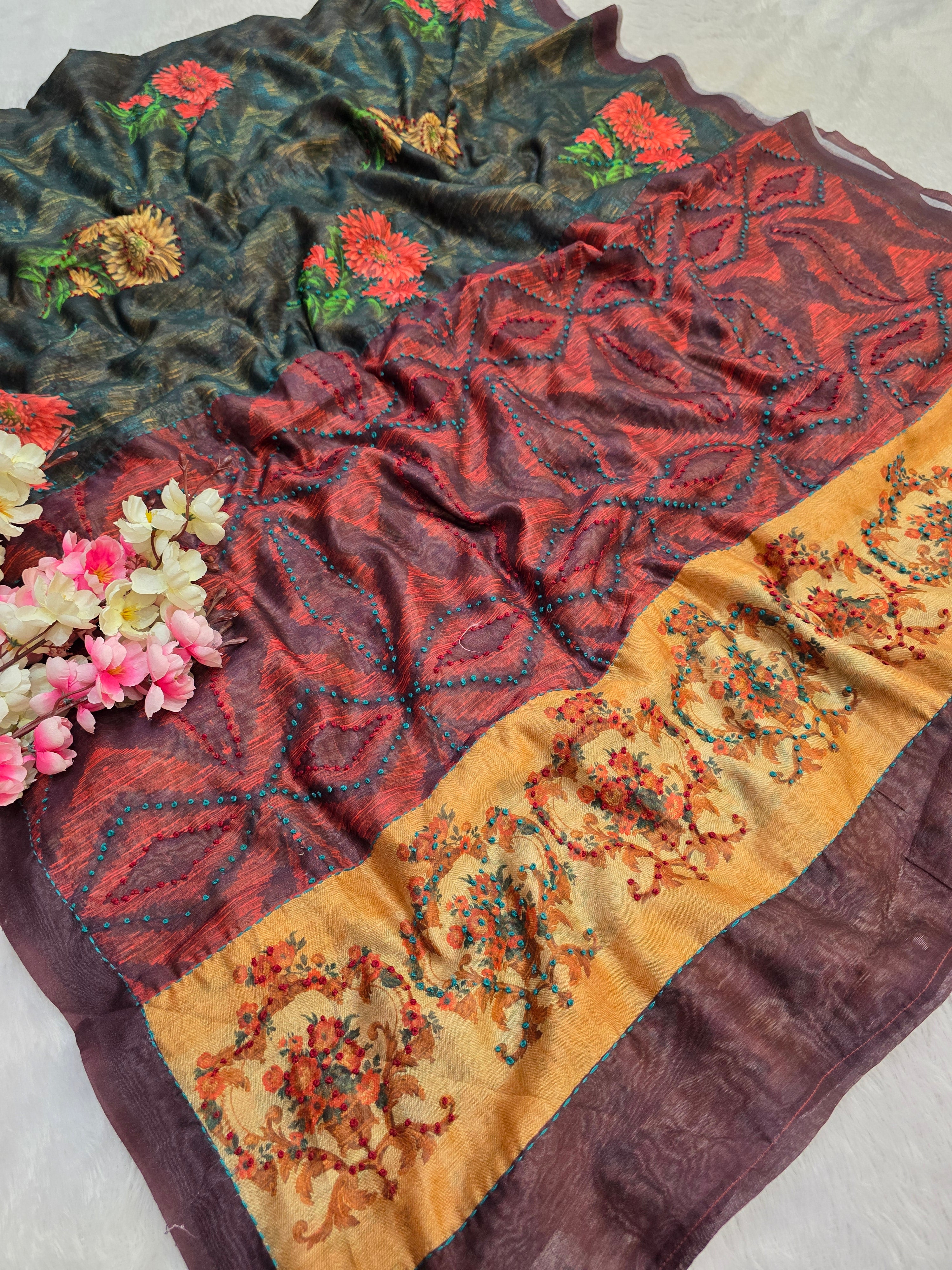 441006 Latest Designer Printed Saree with Kolkata Suta Work