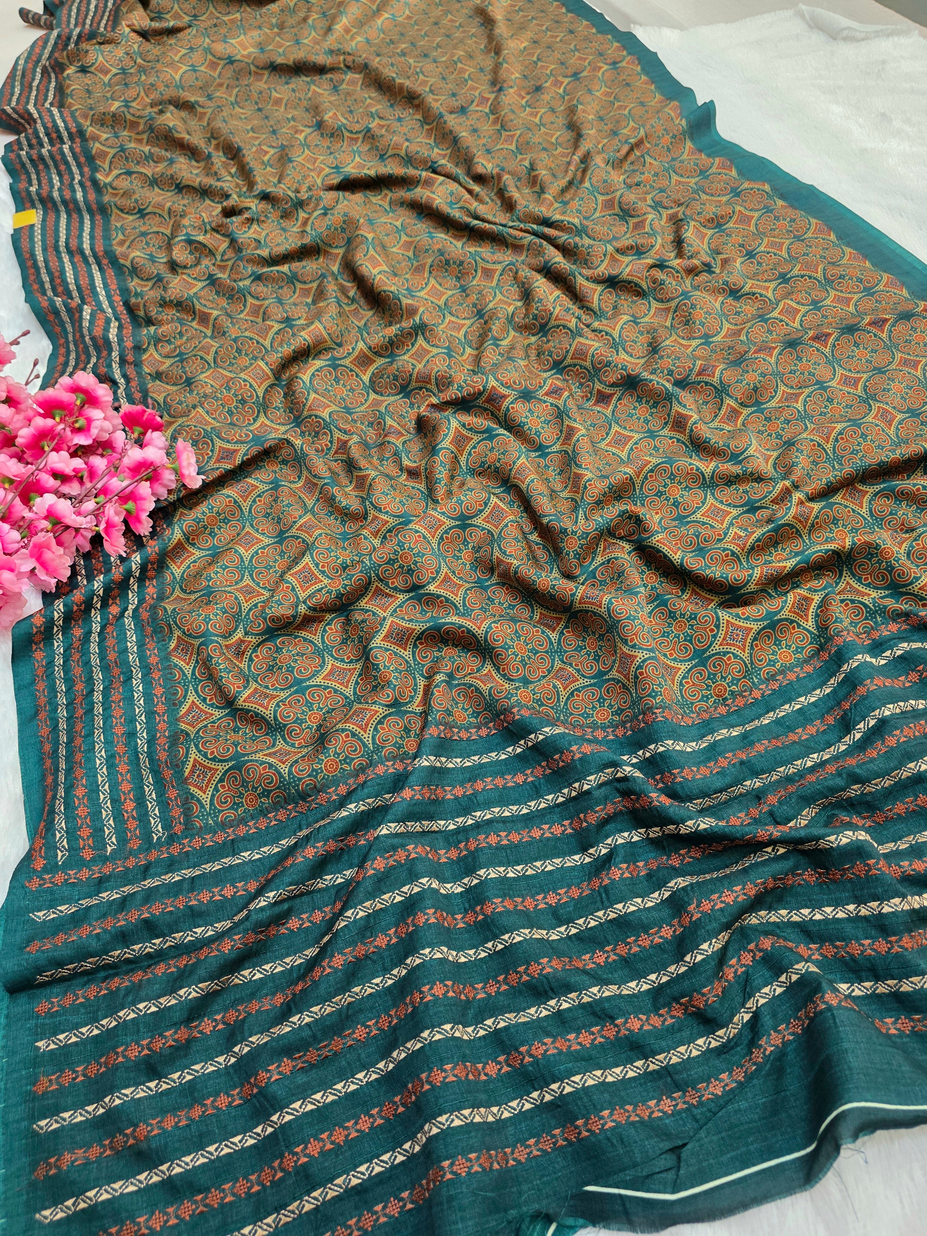 459006 Semi Silk Ajrakh Print Saree With Embroidery - Green