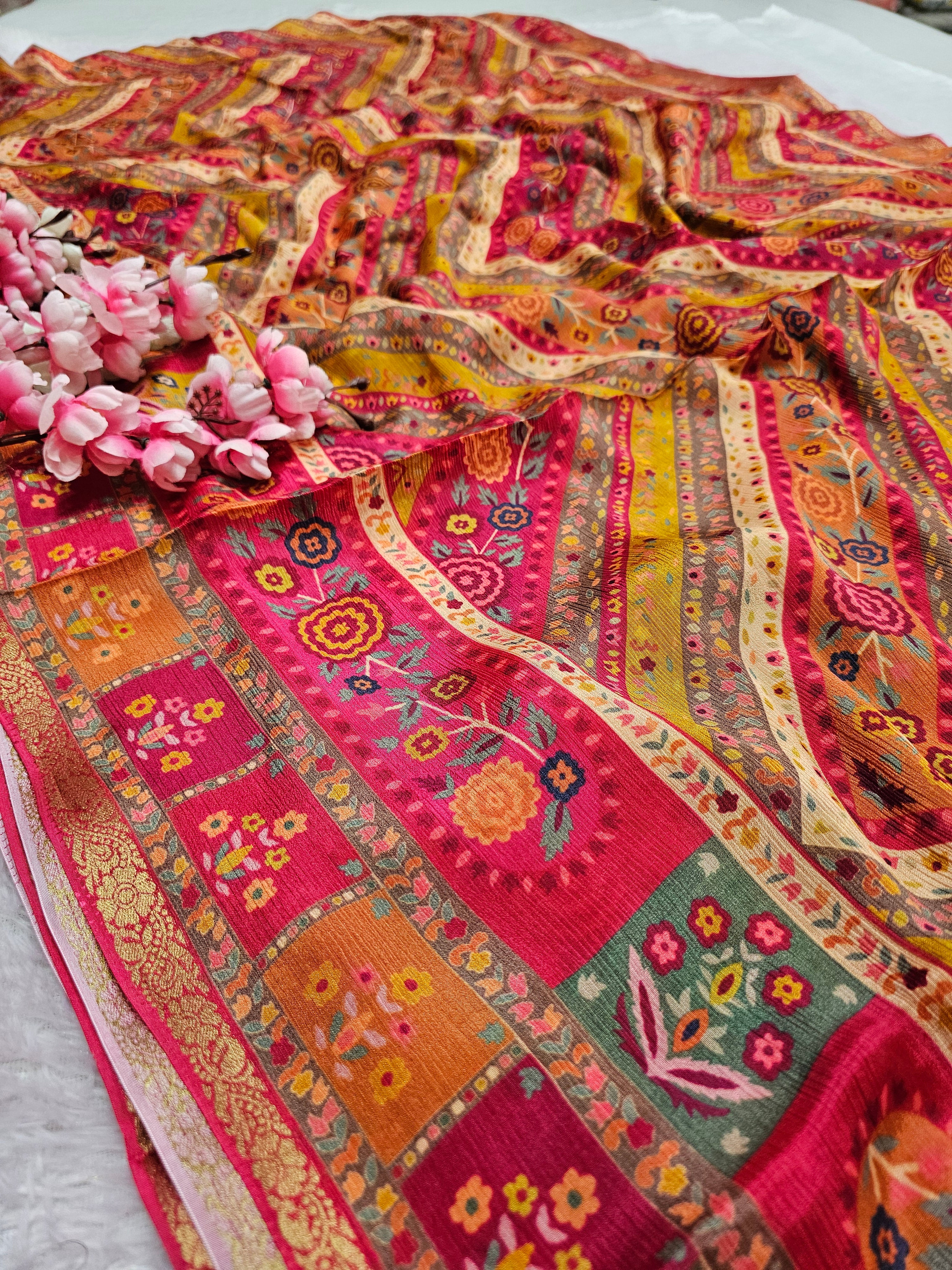 शुद्ध टसर सिल्क हाथ से बनी लेहरिया साड़ी प्रीमियम गोटापट्टी वर्क के साथ - 8837