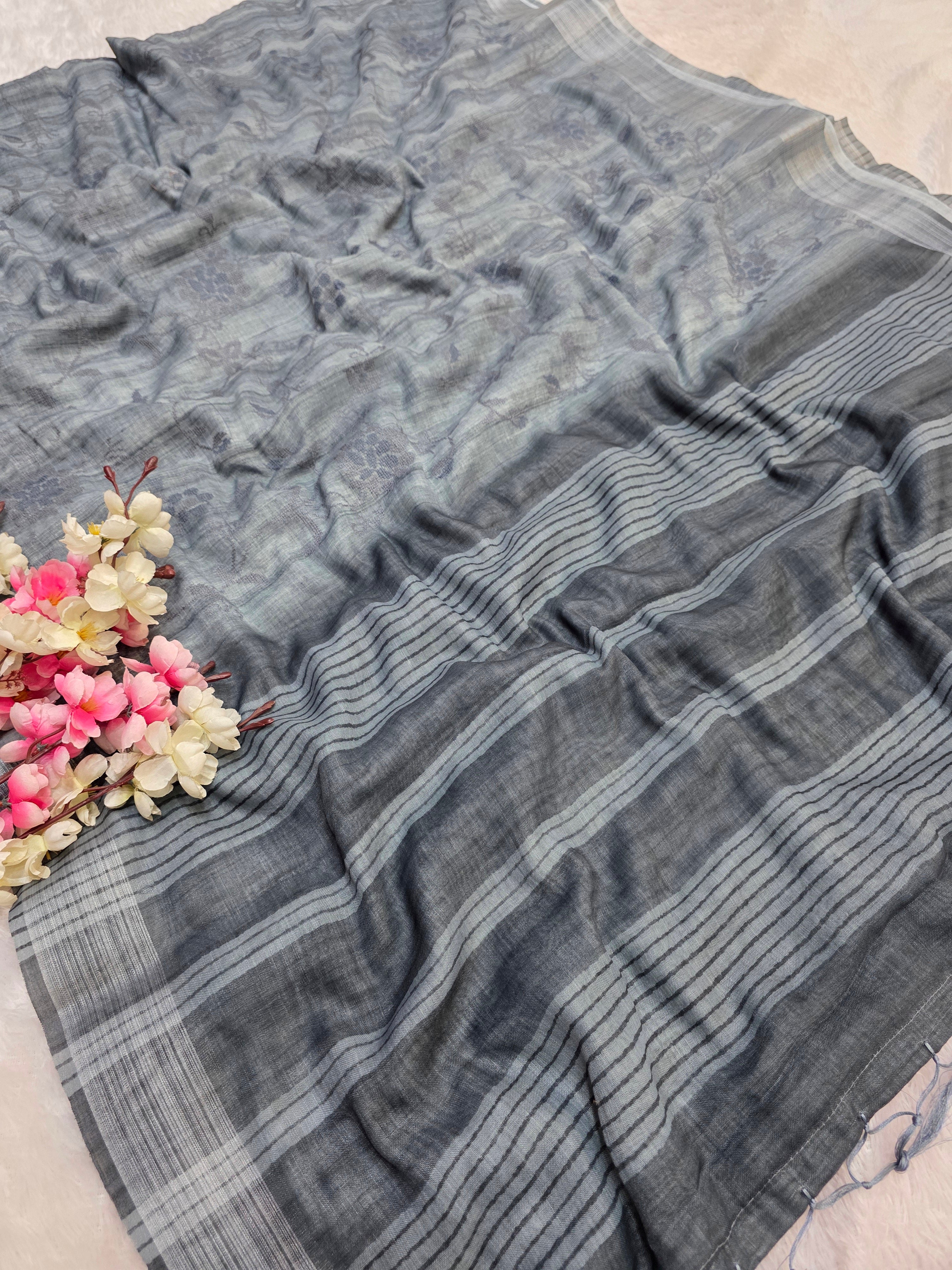 423003 Pure Linen Saree with Embroidery with White Zari Weaving Border Gray