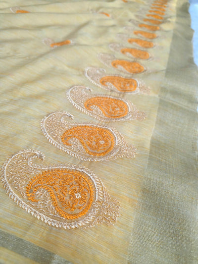 783016 Pure Linen Resham Suta Embroidery Work Saree with Zari Weaving (292007) - Yellow