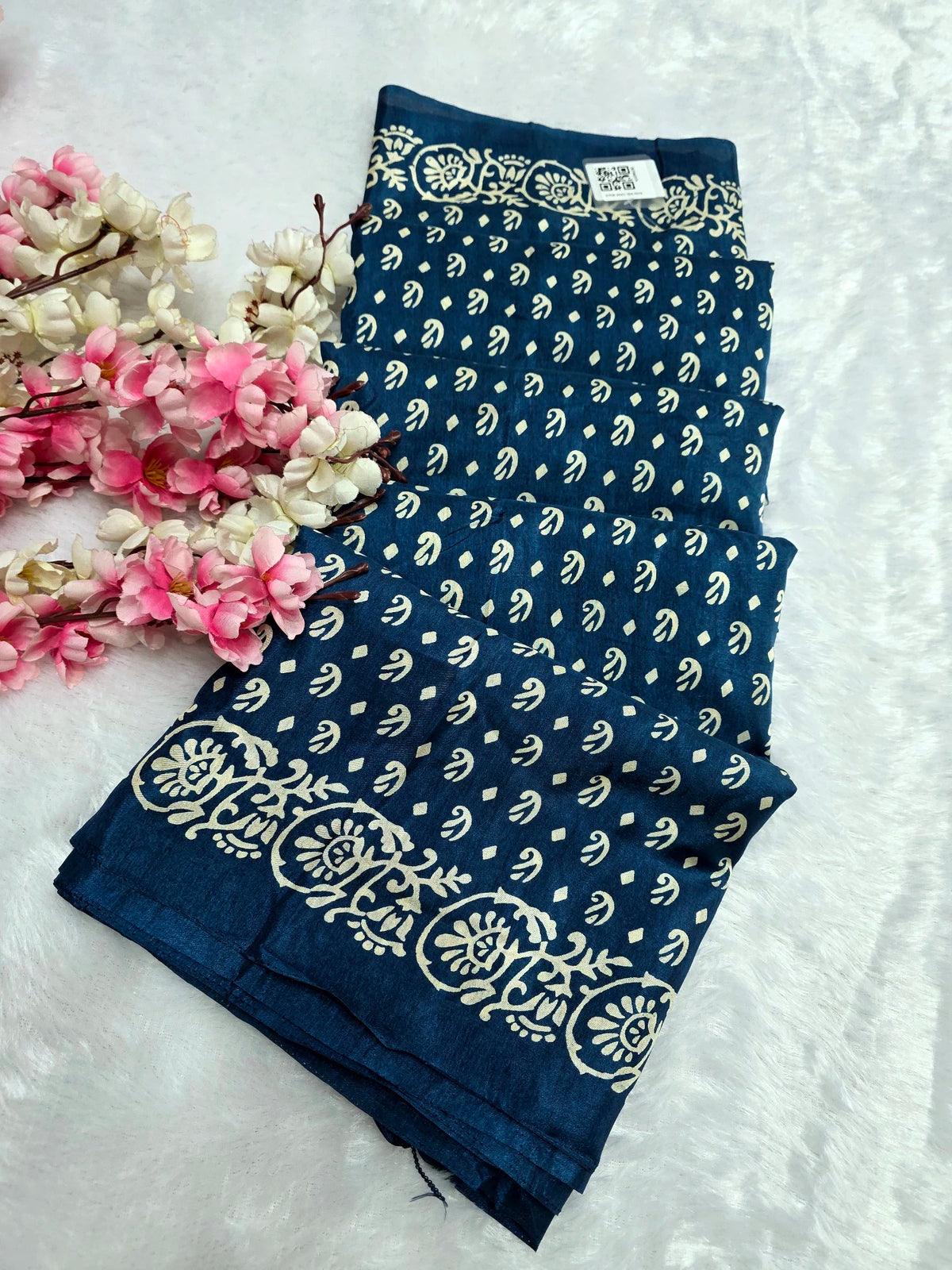 DS149 Semi Dola Silk Block Print Saree - Navy Blue