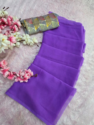 CA1520 Designer Soft Georgette Plain Saree with Designs Blouse - Purple