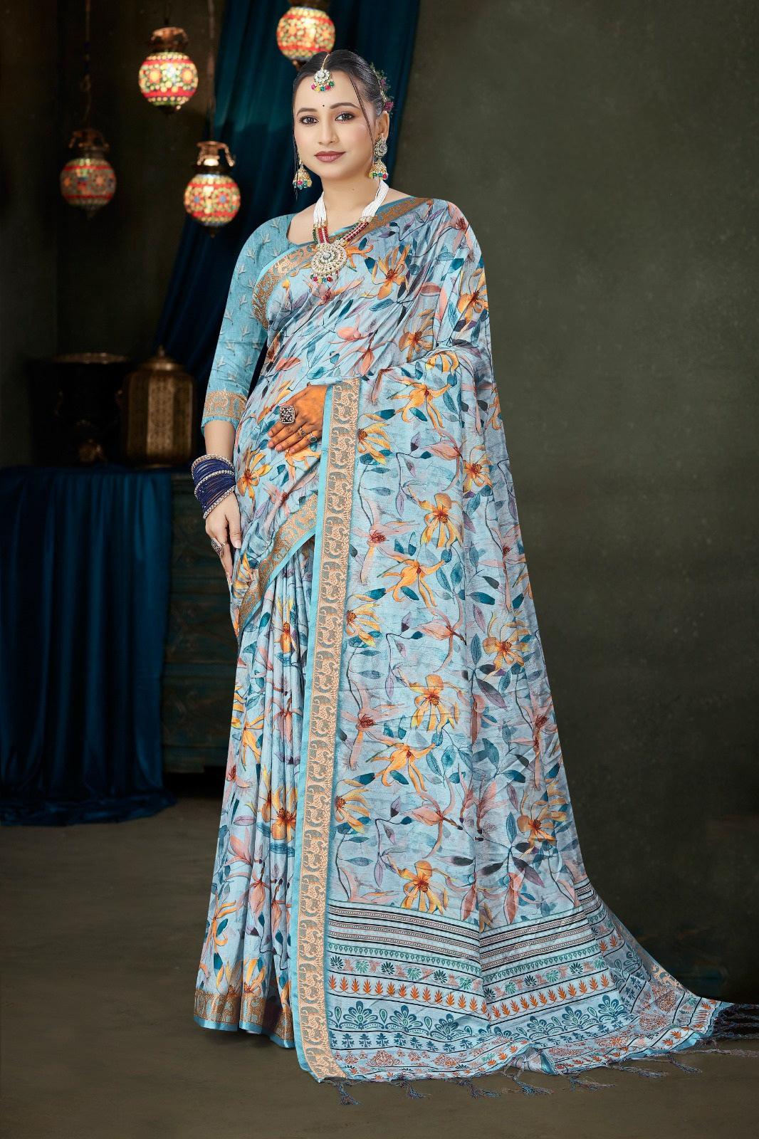 982010 Bollywood Style Soft Crepe Silk Flower Print Saree with Zari Weaving Border