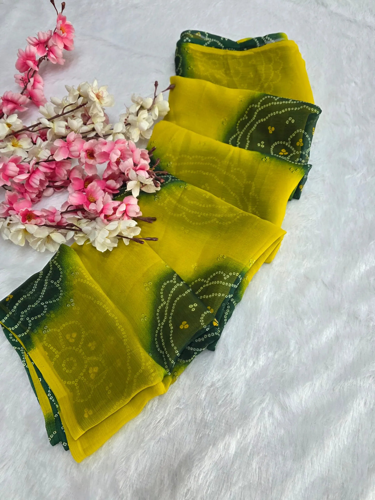 CA1486 Lightweight Elegant Semi Chiffon Bandhani Print Saree - Yellow Green